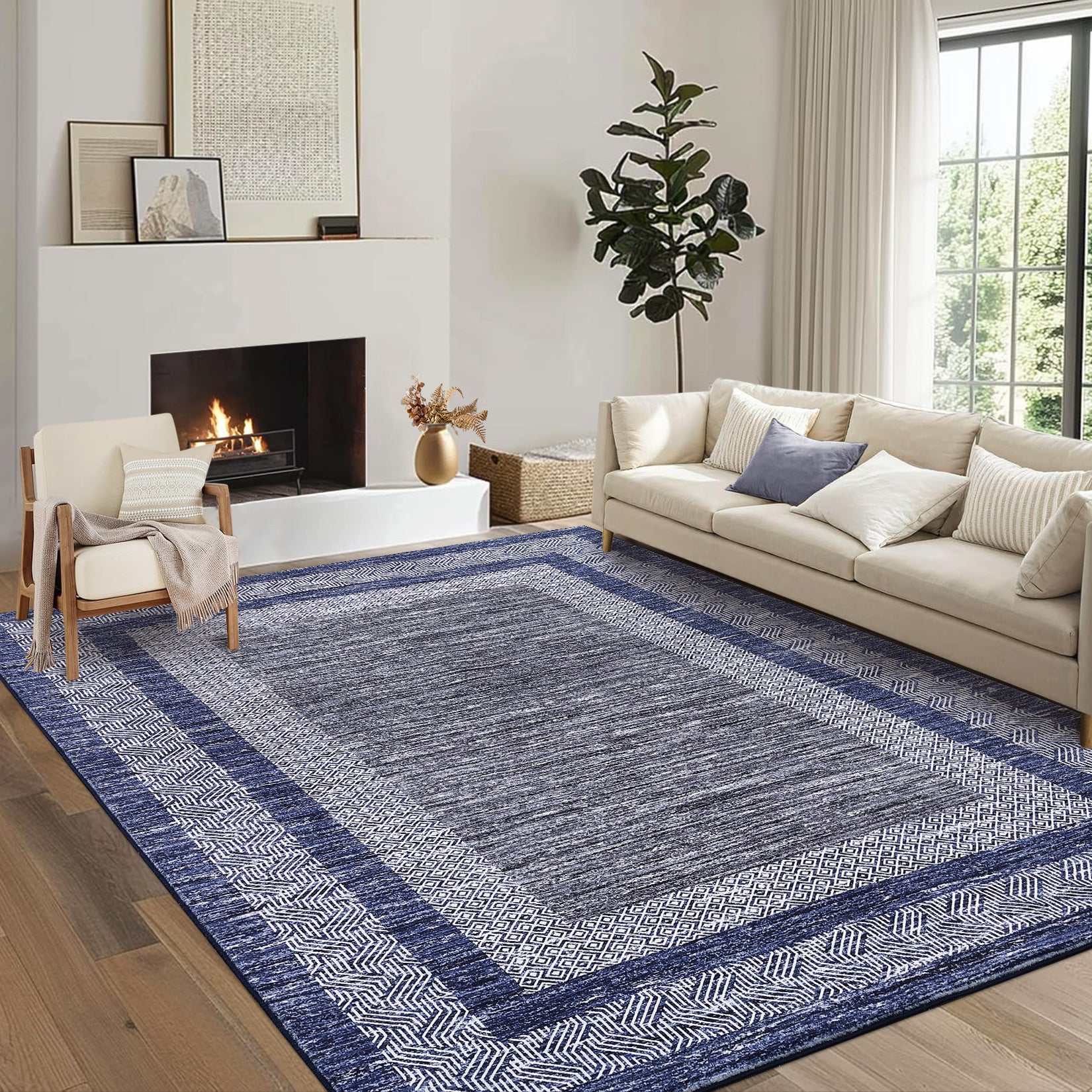 Garvee Bordered Blue 9x12 Large Modern Blue Area Rug Distressed Rug Soft Non Shedding Floor Carpet, Geometric Rug, Washable Non Slip Rug, Low Pile Indoor Area Rug for Living Room, Bedroom
