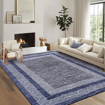 Garvee Bordered Blue 9x12 Large Modern Blue Area Rug Distressed Rug Soft Non Shedding Floor Carpet, Geometric Rug, Washable Non Slip Rug, Low Pile Indoor Area Rug for Living Room, Bedroom