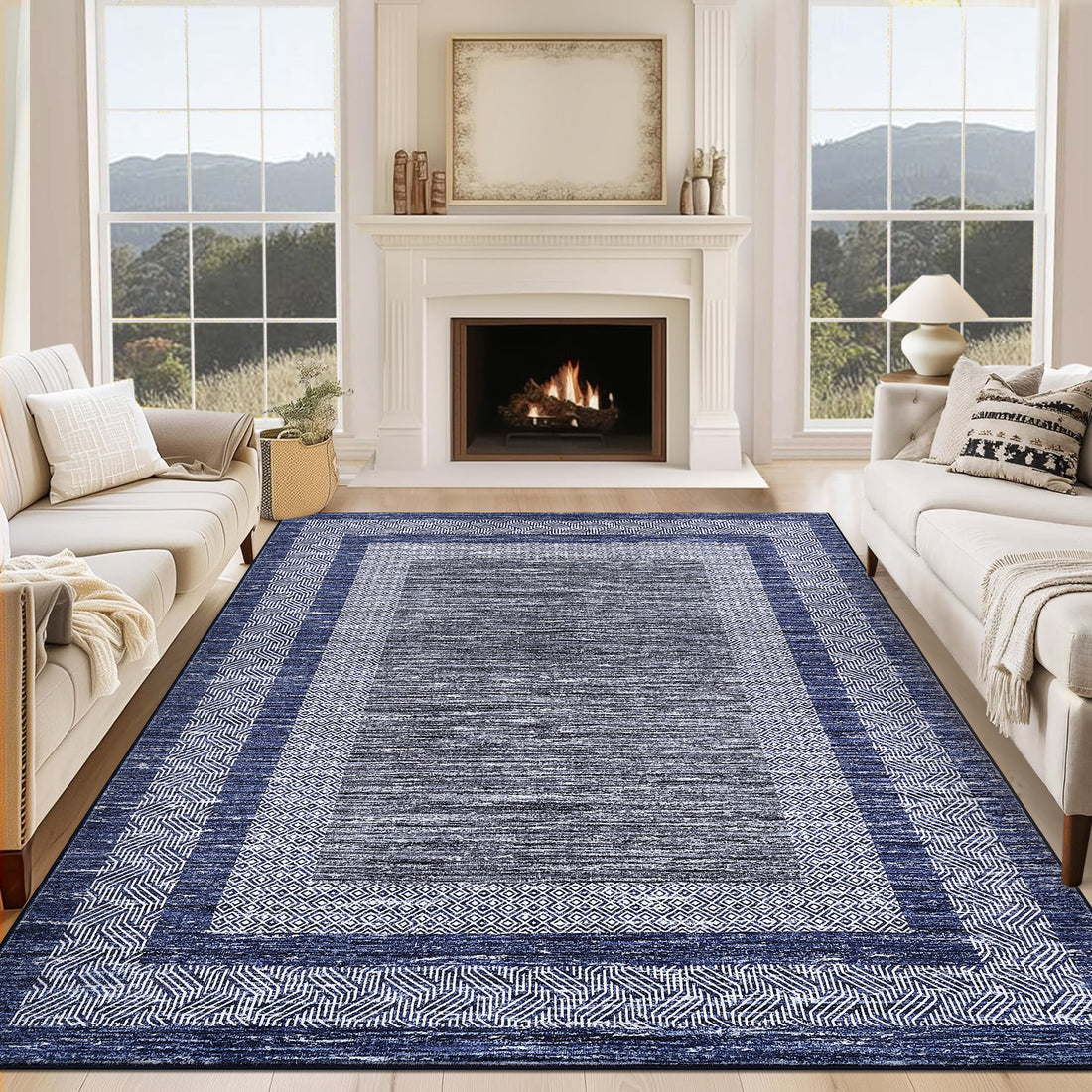 Garvee Bordered Blue 9x12 Large Modern Blue Area Rug Distressed Rug Soft Non Shedding Floor Carpet, Geometric Rug, Washable Non Slip Rug, Low Pile Indoor Area Rug for Living Room, Bedroom