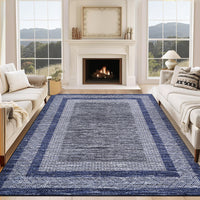 Garvee Bordered Blue 9x12 Large Modern Blue Area Rug Distressed Rug Soft Non Shedding Floor Carpet, Geometric Rug, Washable Non Slip Rug, Low Pile Indoor Area Rug for Living Room, Bedroom