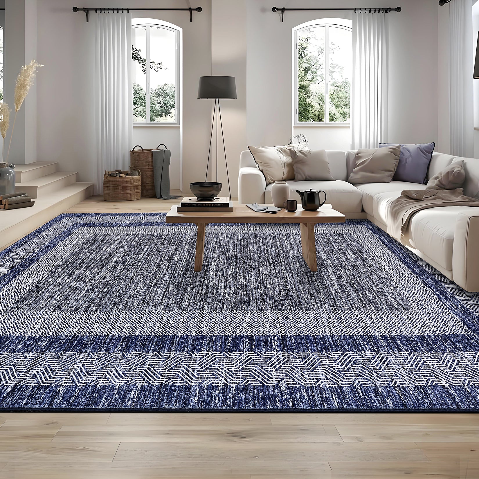 Garvee Bordered Blue 9x12 Large Modern Blue Area Rug Distressed Rug Soft Non Shedding Floor Carpet, Geometric Rug, Washable Non Slip Rug, Low Pile Indoor Area Rug for Living Room, Bedroom
