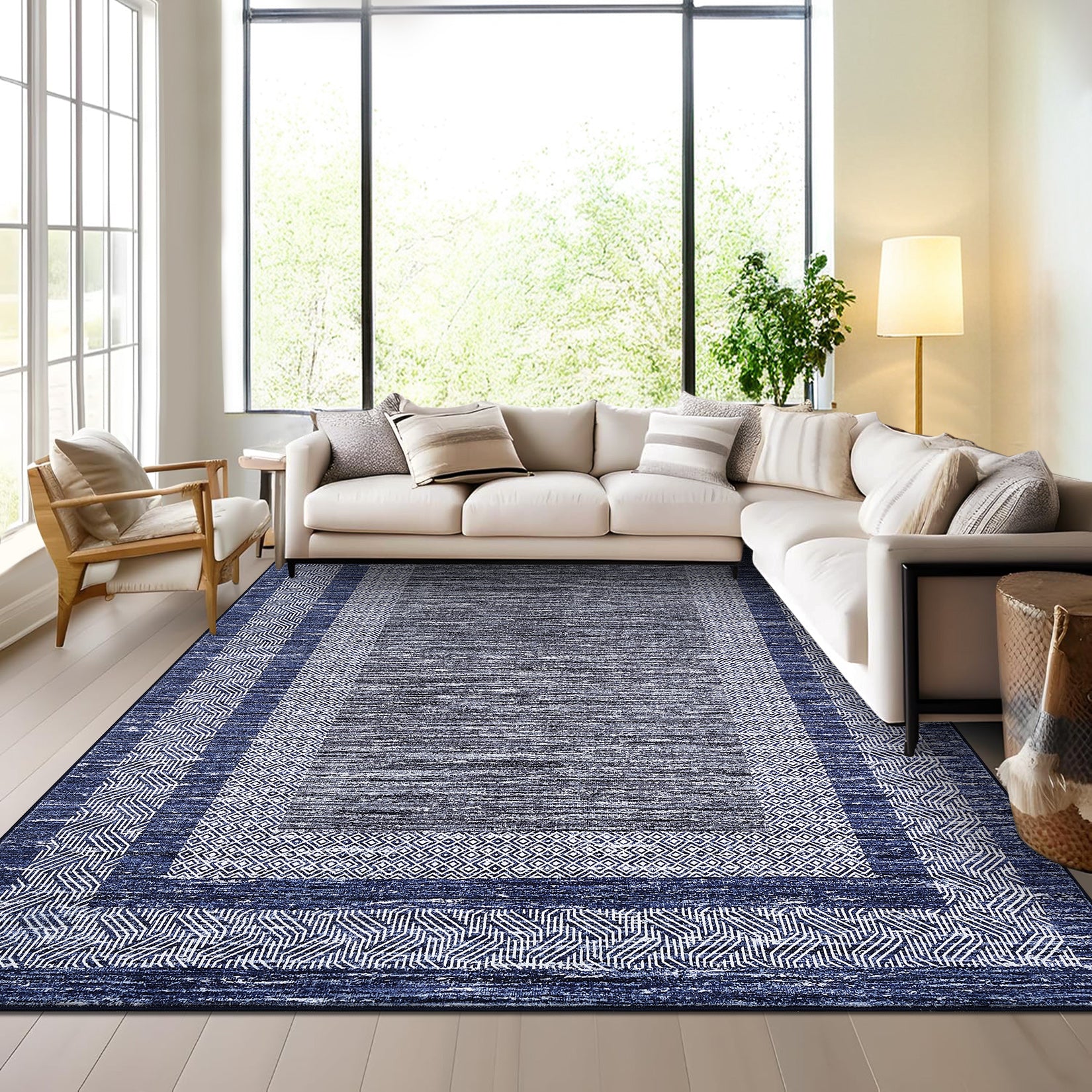 Garvee Bordered Blue 9x12 Large Modern Blue Area Rug Distressed Rug Soft Non Shedding Floor Carpet, Geometric Rug, Washable Non Slip Rug, Low Pile Indoor Area Rug for Living Room, Bedroom