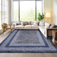 Garvee Bordered Blue 9x12 Large Modern Blue Area Rug Distressed Rug Soft Non Shedding Floor Carpet, Geometric Rug, Washable Non Slip Rug, Low Pile Indoor Area Rug for Living Room, Bedroom