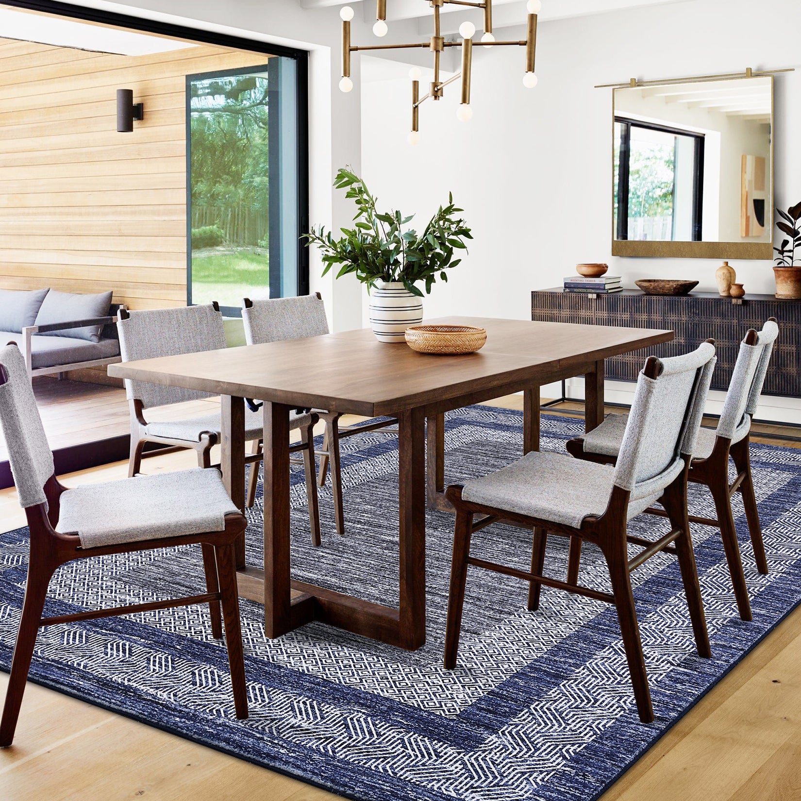 Garvee Bordered Blue 9x12 Large Modern Blue Area Rug Distressed Rug Soft Non Shedding Floor Carpet, Geometric Rug, Washable Non Slip Rug, Low Pile Indoor Area Rug for Living Room, Bedroom