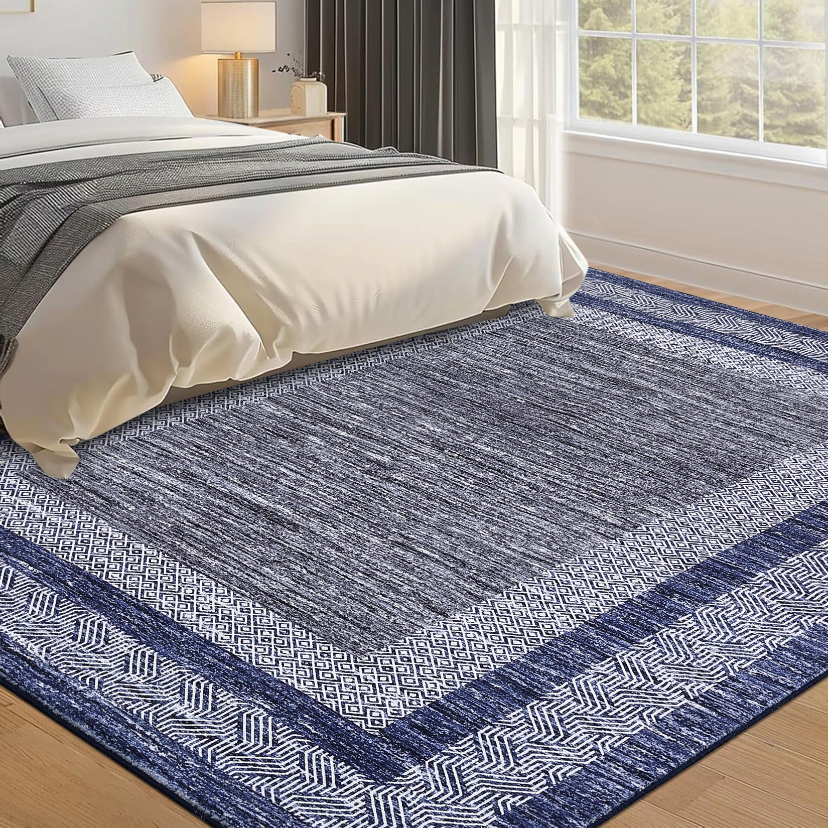 Garvee Bordered Blue 9x12 Large Modern Blue Area Rug Distressed Rug Soft Non Shedding Floor Carpet, Geometric Rug, Washable Non Slip Rug, Low Pile Indoor Area Rug for Living Room, Bedroom