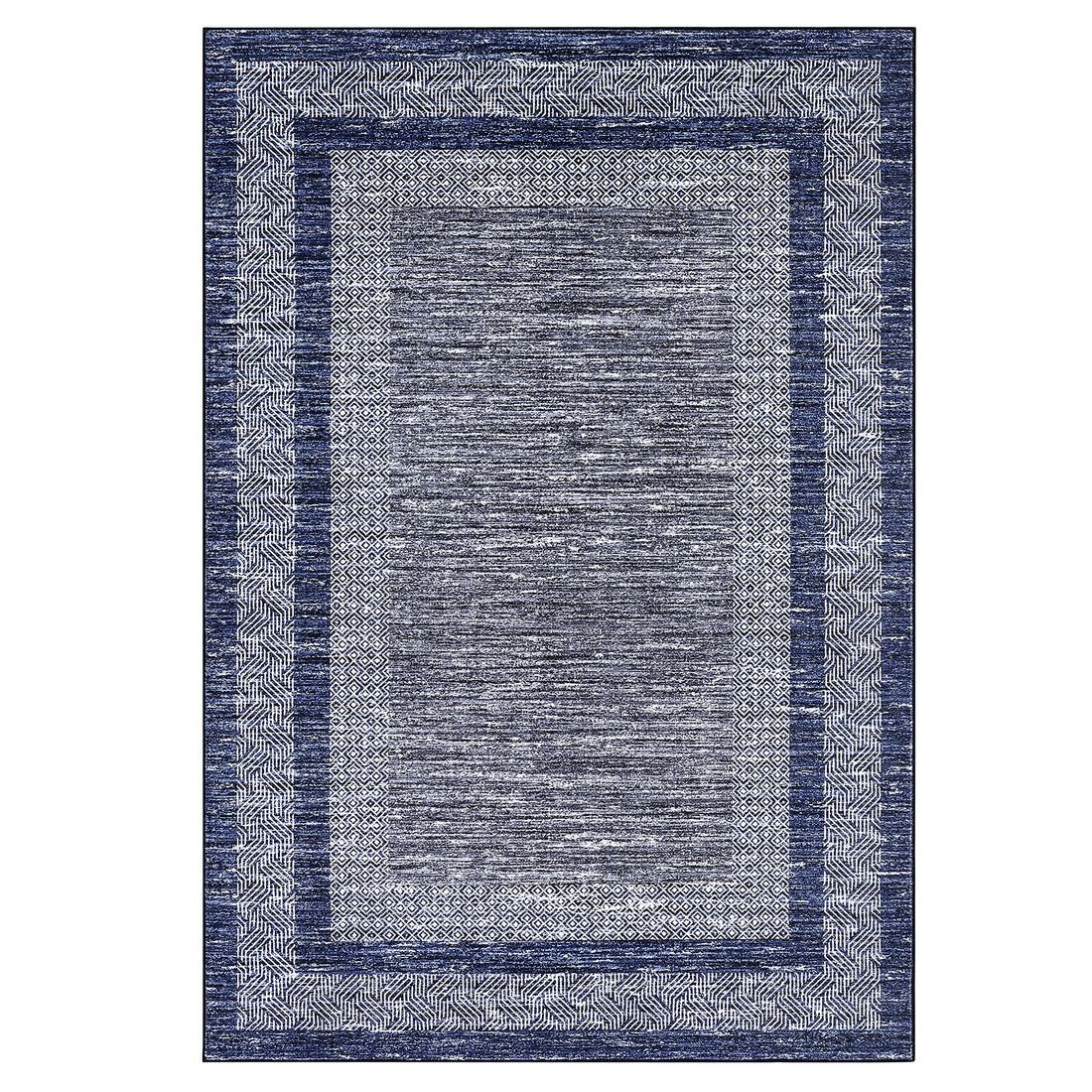 Garvee Bordered Blue 9x12 Large Modern Blue Area Rug Distressed Rug Soft Non Shedding Floor Carpet, Geometric Rug, Washable Non Slip Rug, Low Pile Indoor Area Rug for Living Room, Bedroom