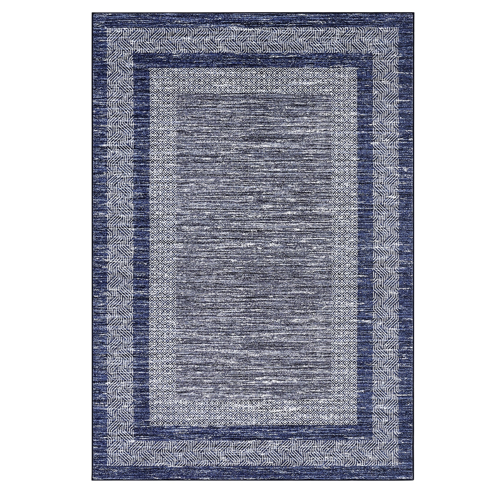 Garvee Bordered Blue 9x12 Large Modern Blue Area Rug Distressed Rug Soft Non Shedding Floor Carpet, Geometric Rug, Washable Non Slip Rug, Low Pile Indoor Area Rug for Living Room, Bedroom