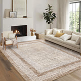 Garvee Bordered Brown 10x13 Large Washable Geometric Area Rug Non Slip Non Shedding Floor Carpet, Modern Bordered Rug, Distressed Blue Rug, Indoor Printed Rug for Living Room, Bedroom, Office - Brown