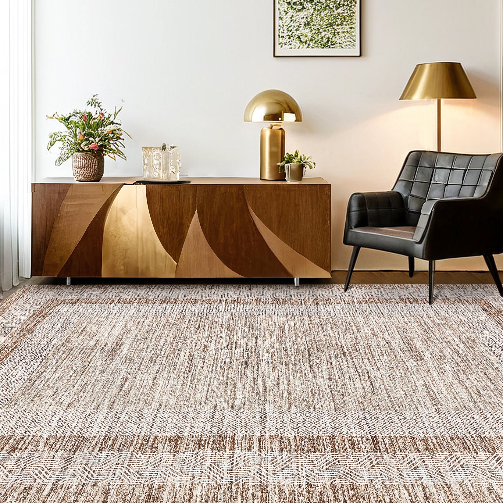 Garvee Bordered Brown 9x12 Large Modern Area Rug Distressed Rug Soft Non Shedding Floor Carpet, Geometric Rug, Washable Non Slip Rug, Low Pile Indoor Area Rug for Living Room, Bedroom