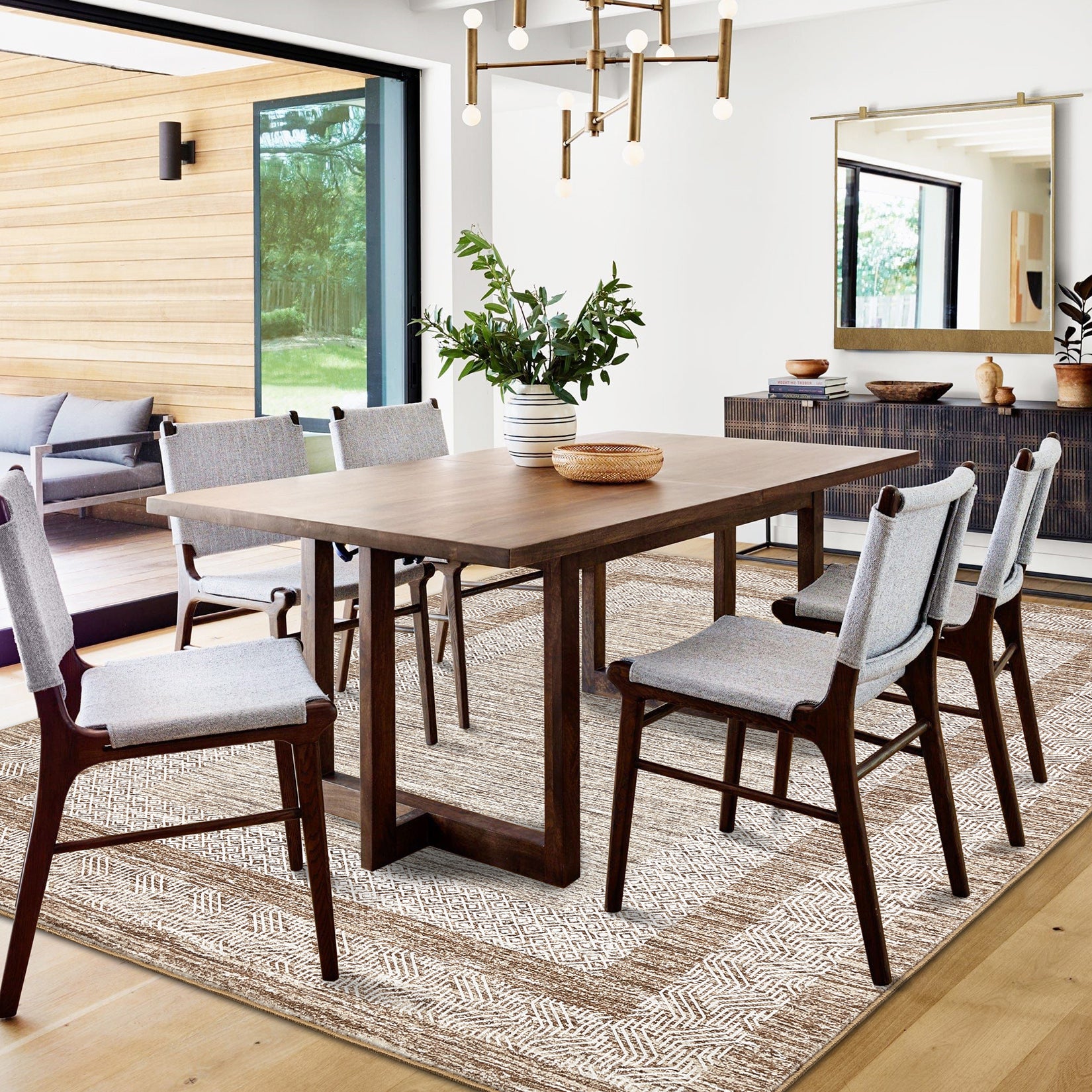 Garvee Bordered Brown 9x12 Large Modern Area Rug Distressed Rug Soft Non Shedding Floor Carpet, Geometric Rug, Washable Non Slip Rug, Low Pile Indoor Area Rug for Living Room, Bedroom