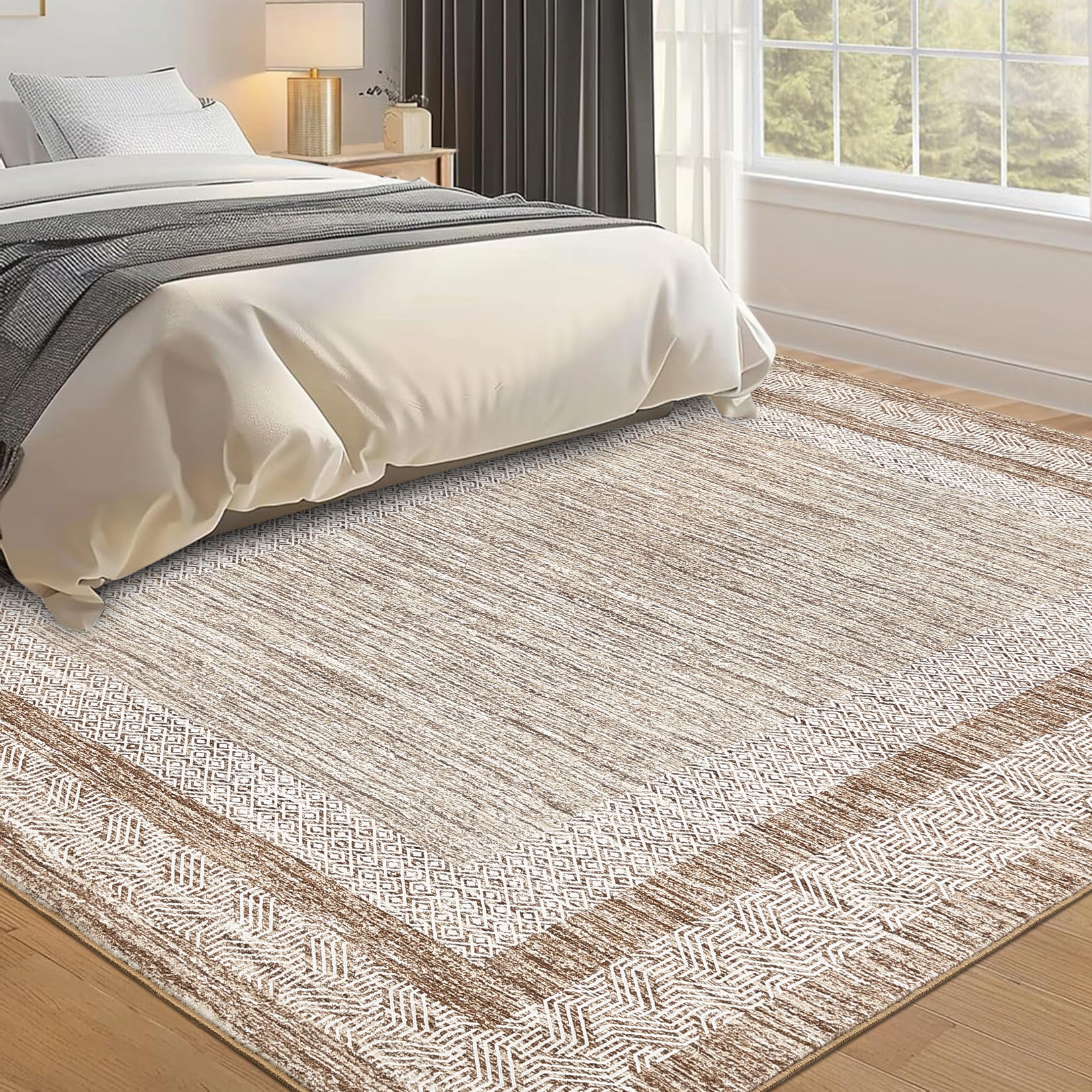 Garvee Bordered Brown 9x12 Large Modern Area Rug Distressed Rug Soft Non Shedding Floor Carpet, Geometric Rug, Washable Non Slip Rug, Low Pile Indoor Area Rug for Living Room, Bedroom