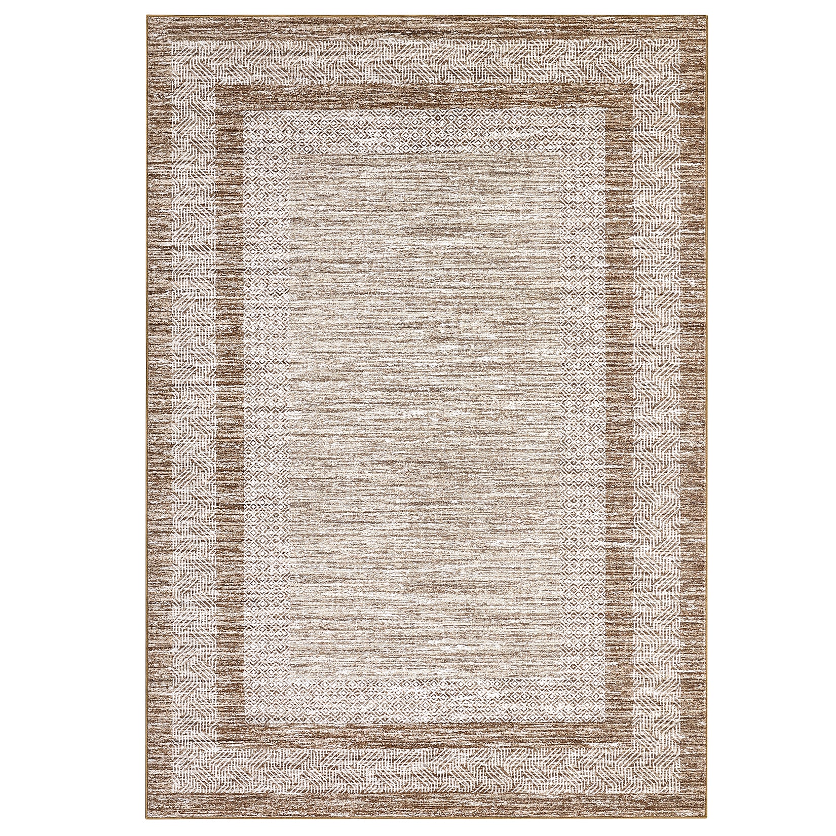 Garvee Bordered Brown 10x13 Large Washable Geometric Area Rug Non Slip Non Shedding Floor Carpet, Modern Bordered Rug, Distressed Blue Rug, Indoor Printed Rug for Living Room, Bedroom, Office