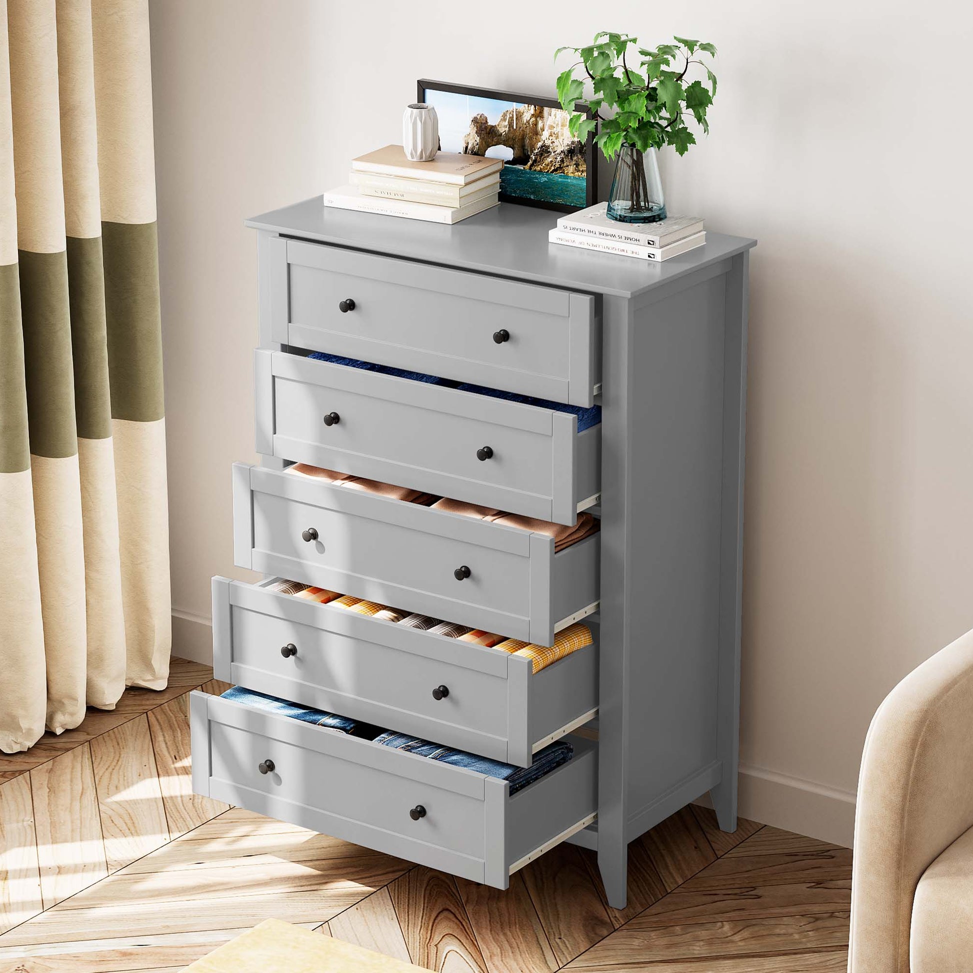 Garvee 5 Chest of Drawer Dresser, Modern Tall Nightstand with Deep Drawers and Nickel Round Handle, Wood Organizer Storage Cabinet for Bedroom, Living Room, Hallway, Grey