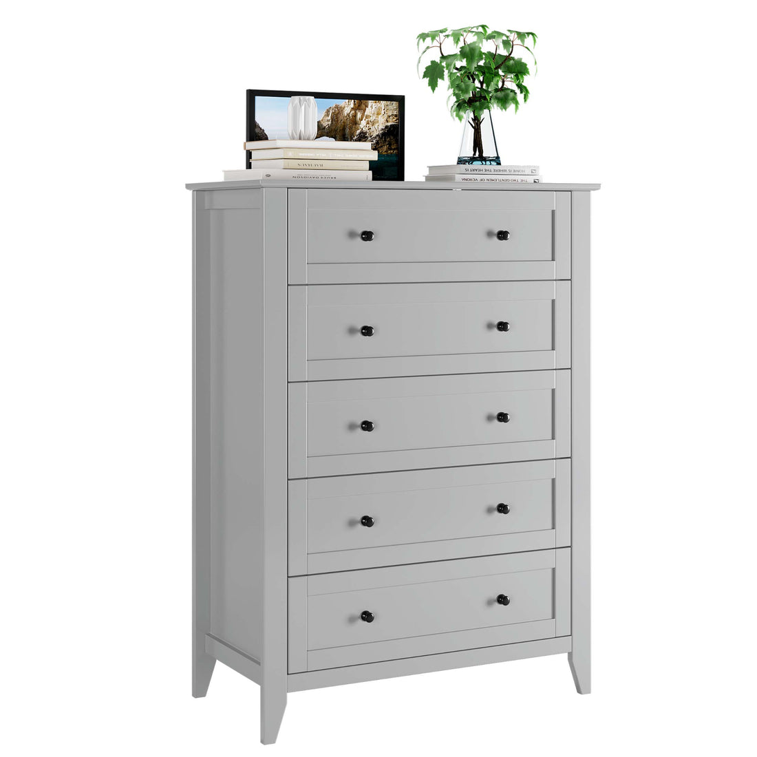 Garvee 5 Chest of Drawer Dresser, Modern Tall Nightstand with Deep Drawers and Nickel Round Handle, Wood Organizer Storage Cabinet for Bedroom, Living Room, Hallway, Grey