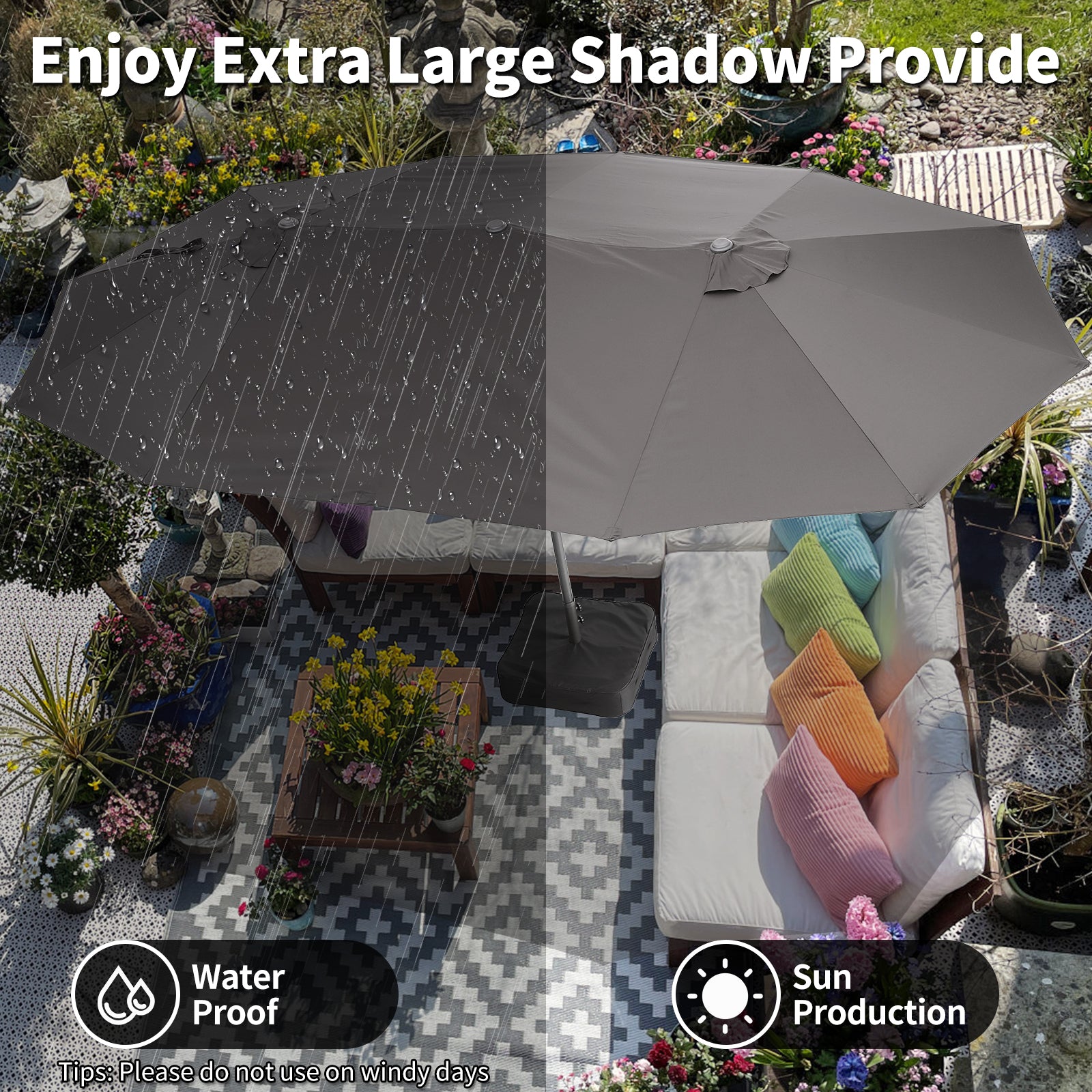 Garvee 15x9 Ft Large Patio Umbrellas,Patio Double-Sided Umbrella With Base and Crank,Outdoor Rectangle Market Umbrella for Patio, Lawn & Garden and Poolside,Dark Grey