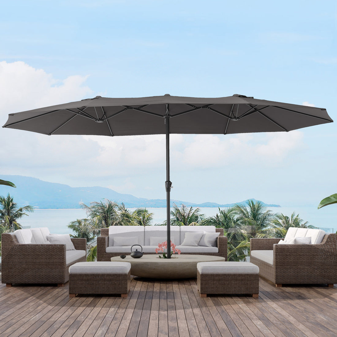 Garvee 15x9 Ft Large Patio Umbrellas,Patio Double-Sided Umbrella With Base and Crank,Outdoor Rectangle Market Umbrella for Patio, Lawn & Garden and Poolside,Dark Grey