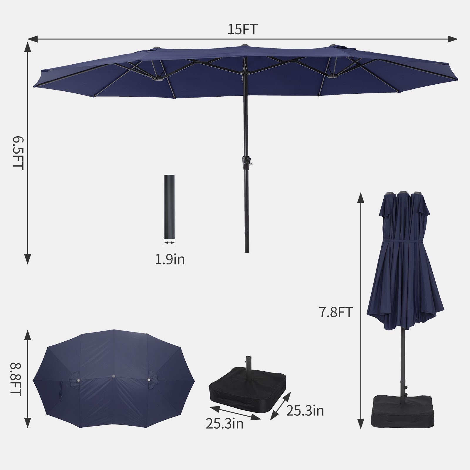 Garvee 15x9 Ft Large Double-Sided Patio Umbrella with Base & Crank - Outdoor Rectangle Market Umbrella for Patio, Lawn, Garden & Poolside, Navy Blue