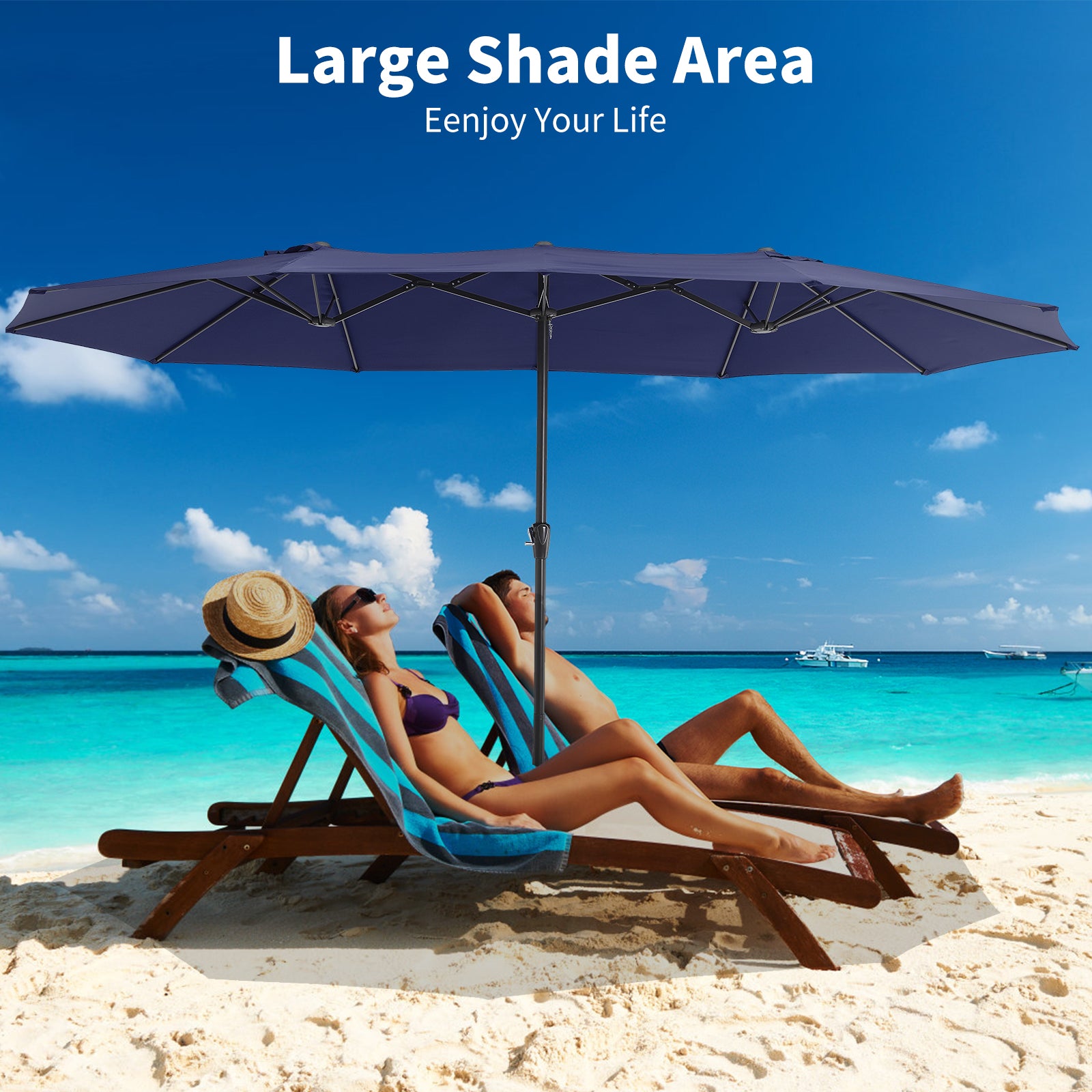 Garvee 15x9 Ft Large Double-Sided Patio Umbrella with Base & Crank - Outdoor Rectangle Market Umbrella for Patio, Lawn, Garden & Poolside, Navy Blue