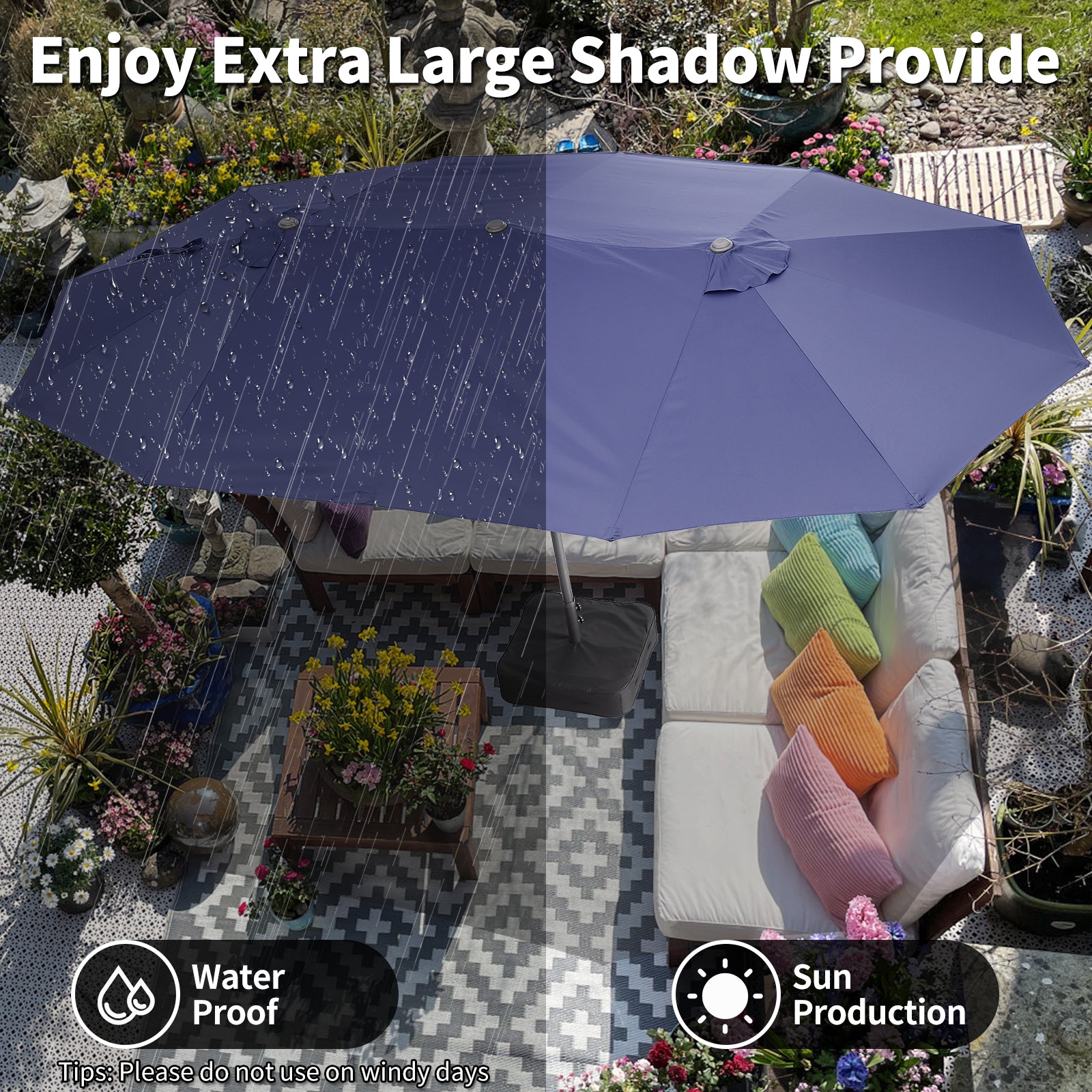 Garvee 15x9 Ft Large Double-Sided Patio Umbrella with Base & Crank - Outdoor Rectangle Market Umbrella for Patio, Lawn, Garden & Poolside, Navy Blue