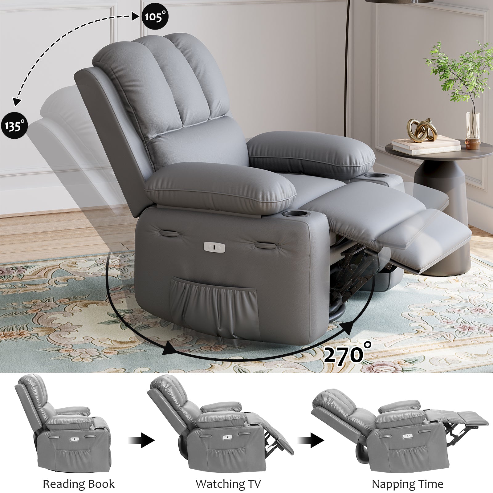 Garvee 27'' Width Electric Power Oversized Rocker Swivel Recliner Chair, USB Charger Lazy Boy for Adults, w/Vibrating Massage and Heating, 1.5X Sponge Filling for Living Room, Bedroom and Nursery