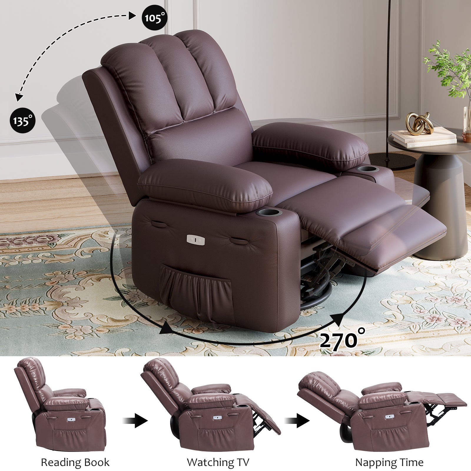 Garvee 27'' Width Electric Power Oversized Rocker Swivel Recliner Chair, USB Charger Lazy Boy for Adults, w/Vibrating Massage and Heating, 1.5X Sponge Filling for Living Room, Bedroom and Nursery