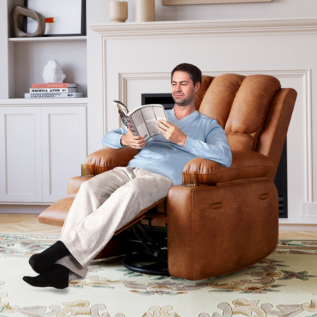 Garvee 27" Width Electric Power Oversized Rocker Swivel Recliner Chair, USB Charger Lazy Boy for Adults, w/ Vibrating Massage and Heating, 1.5x Sponge Filling for Living Room, Bedroom and Nursery