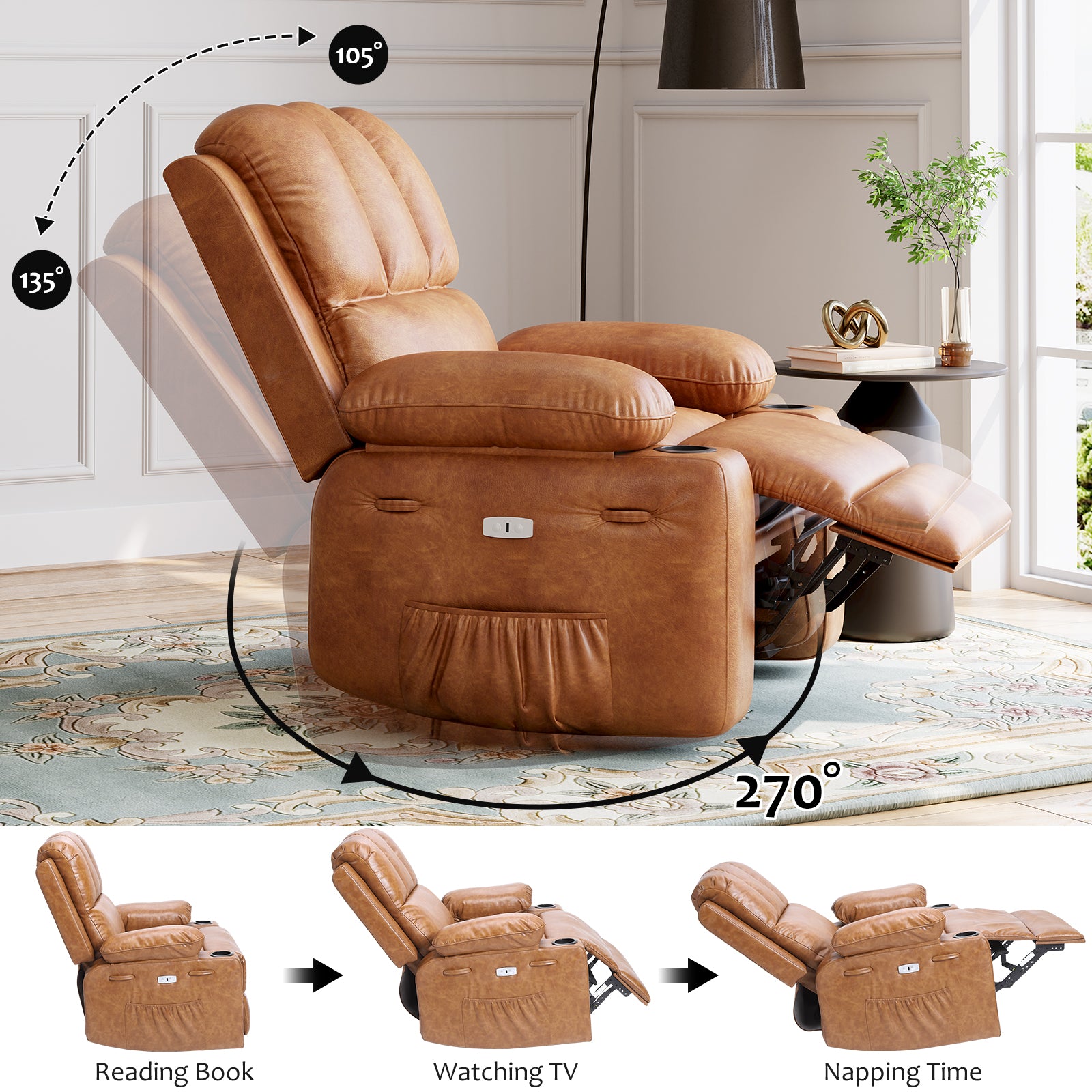 Garvee 27'' Width Electric Power Oversized Rocker Swivel Recliner Chair, USB Charger Lazy Boy for Adults, w/ Vibrating Massage and Heating, 1.5x Sponge Filling for Living Room, Bedroom and Nursery