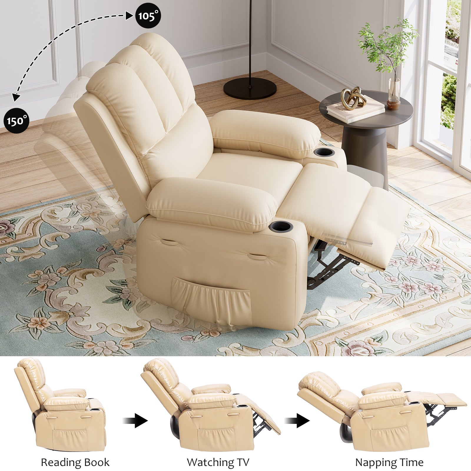 Garvee Manual Recliner Chair Leather Sofa with 2 Cup Holders, Side Pocket, PU Leather, Overstuffed Arms, Iron Frame, Beige - Home Theater & Living Room, Beige