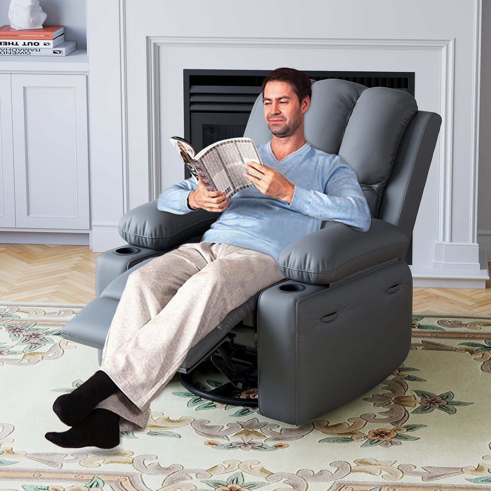 Garvee Leather Recliner Chair, Manual Rocking Recliner w/Comfortable Arms and Cup Holders for Living Room CF8011 - Grey, Medium