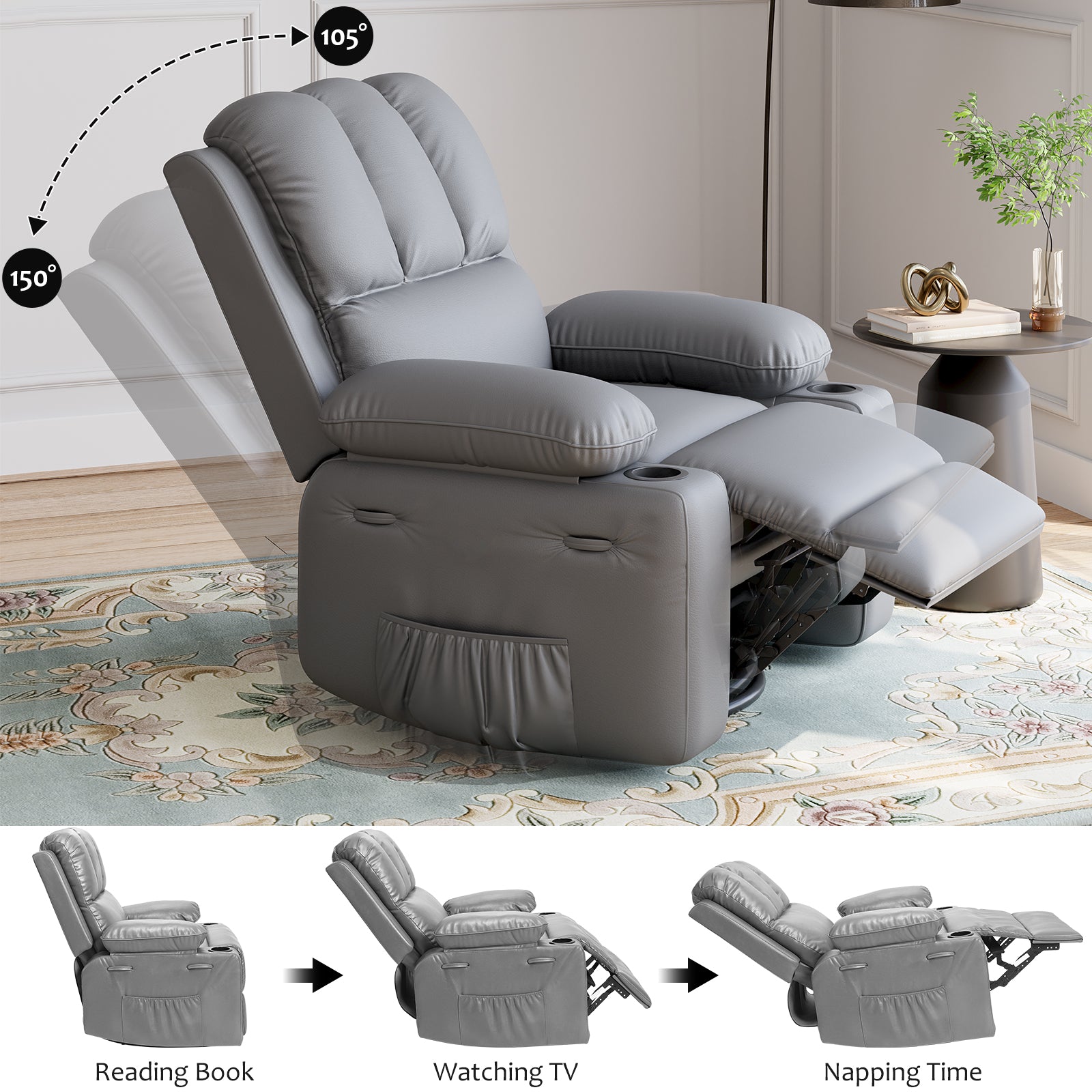 Garvee Leather Recliner Chair, Manual Rocking Recliner w/Comfortable Arms and Cup Holders for Living Room CF8011 - Grey, Medium