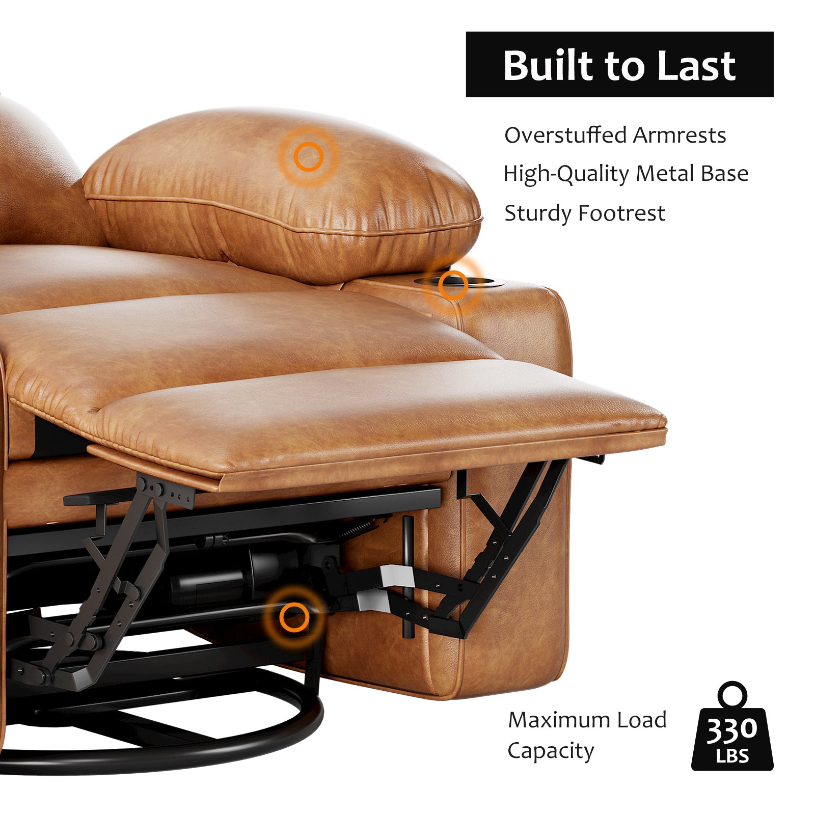 Garvee Manual Leather Recliner Chair with 2 Cup Holders, Side Pocket, PU Leather, Overstuffed Armrests, Iron Frame, Living Room Sofa, Brown