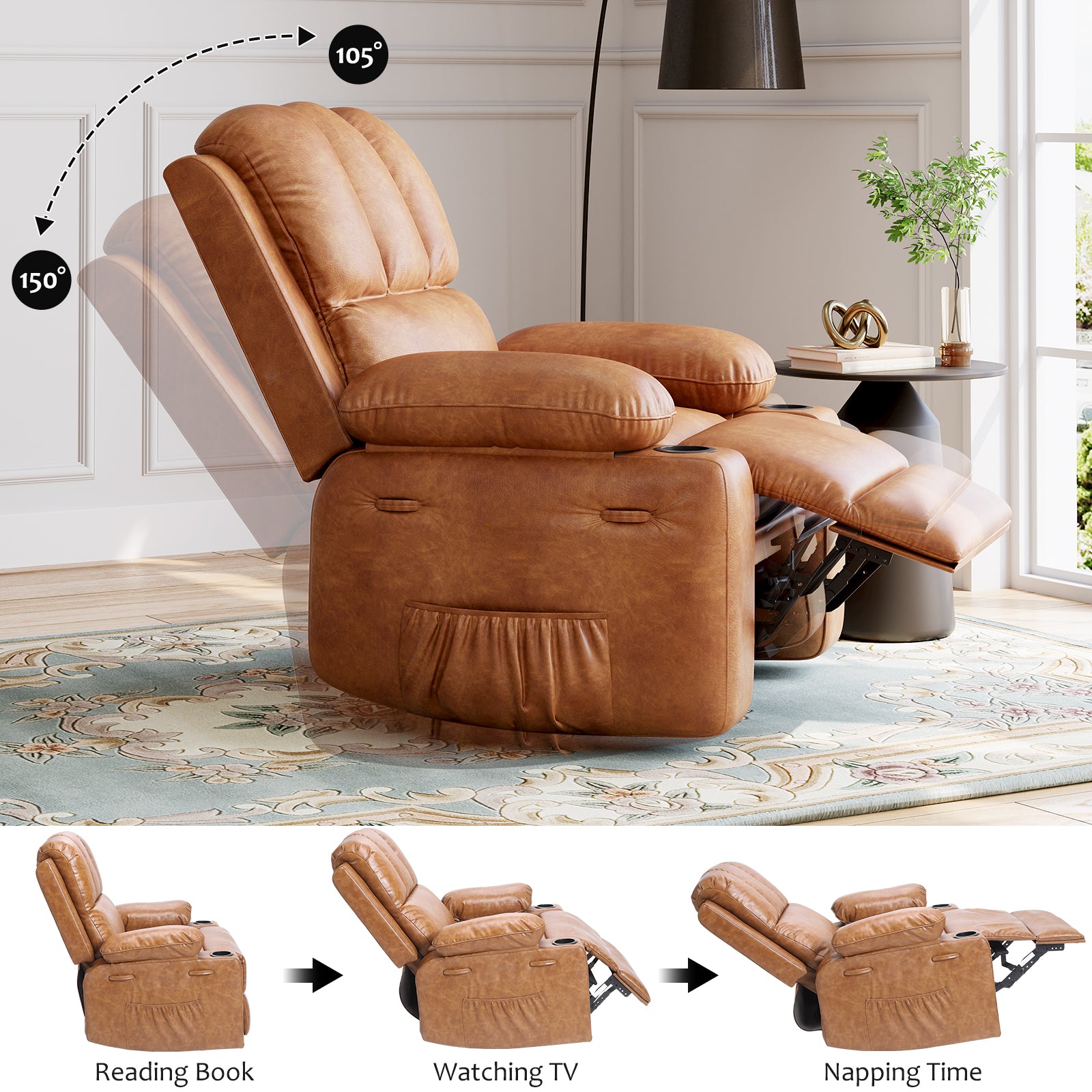 Garvee Manual Leather Recliner Chair with 2 Cup Holders, Side Pocket, PU Leather, Overstuffed Armrests, Iron Frame, Living Room Sofa, Brown