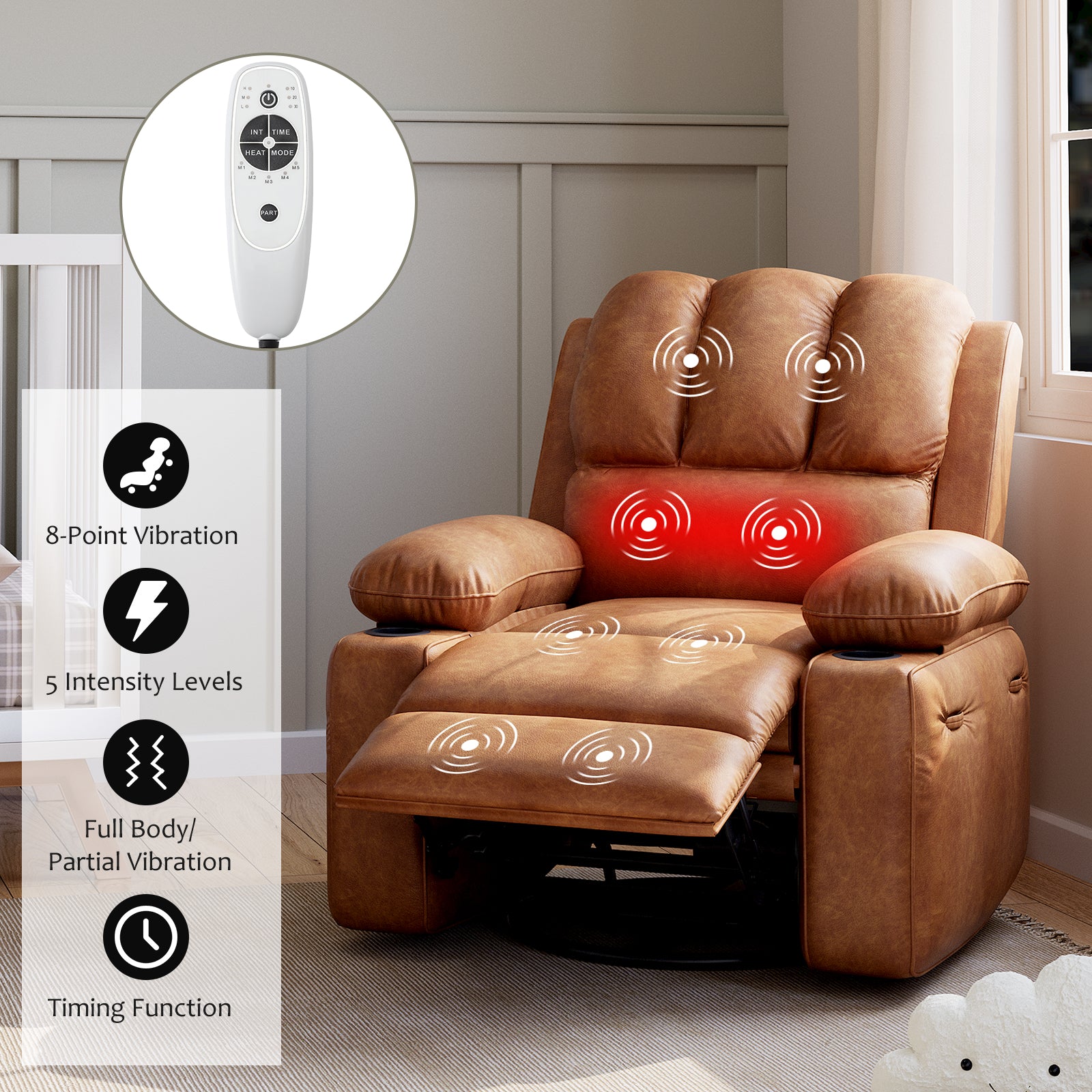 Garvee Manual Leather Recliner Chair with 2 Cup Holders, Side Pocket, PU Leather, Overstuffed Armrests, Iron Frame, Living Room Sofa, Brown