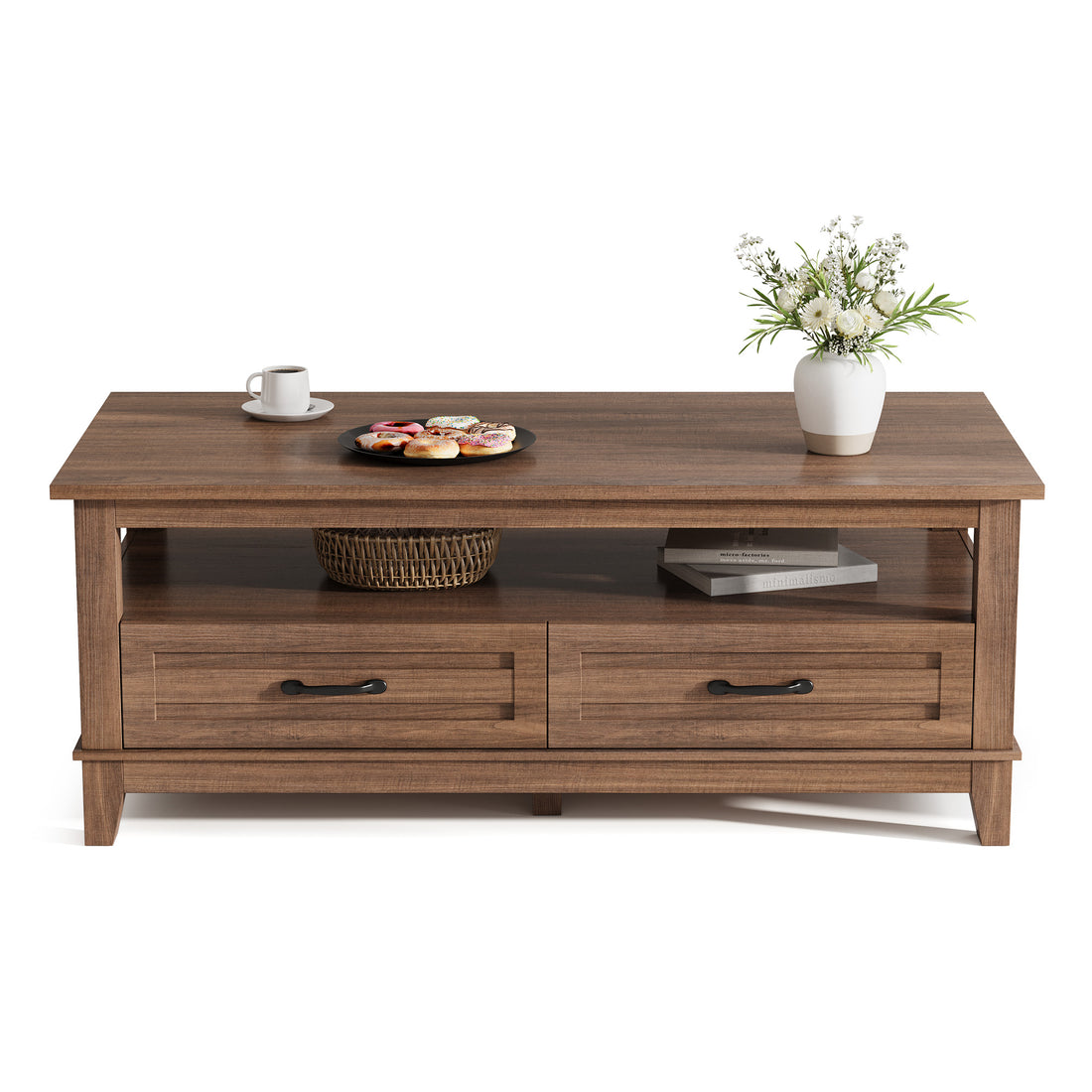 Garvee Coffee Table with Drawers, Farmhouse Center Table with Storage, 47.2" Living Room Table with Open Display Shelf