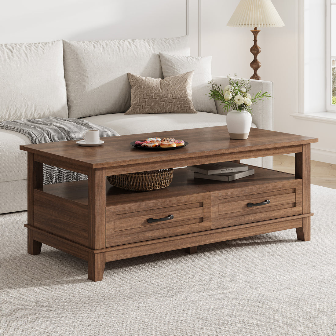 Garvee Coffee Table with Drawers, Farmhouse Center Table with Storage, 47.2" Living Room Table with Open Display Shelf