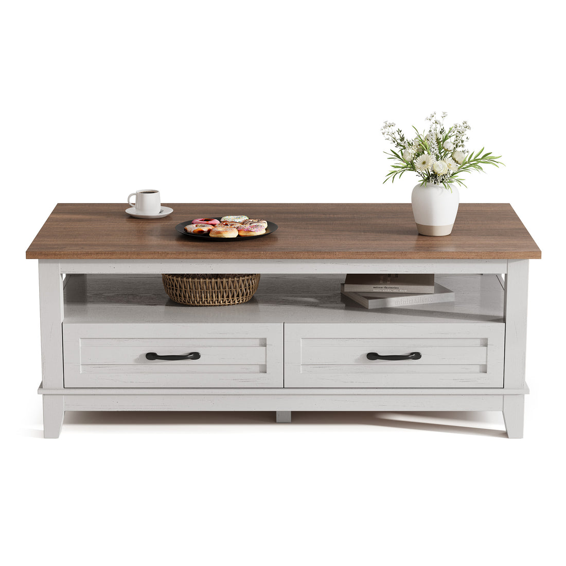 Garvee Farmhouse Coffee Table with Drawers, 47.2" Center Table Rustic Coffee Tables White Brown Living Room Table, with Open Shelf and 6 Support Legs