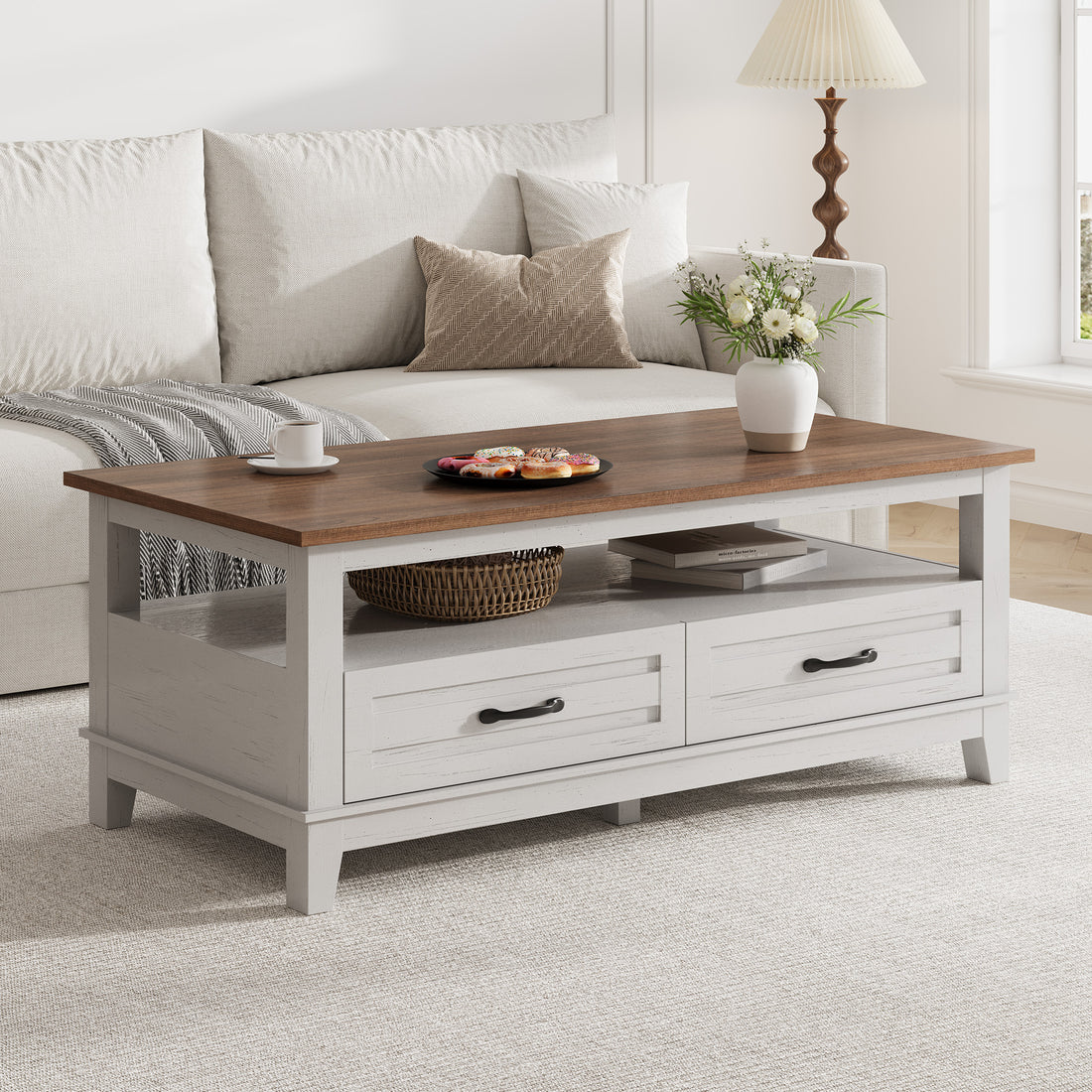 Garvee Farmhouse Coffee Table with Drawers, 47.2" Center Table Rustic Coffee Tables White Brown Living Room Table, with Open Shelf and 6 Support Legs