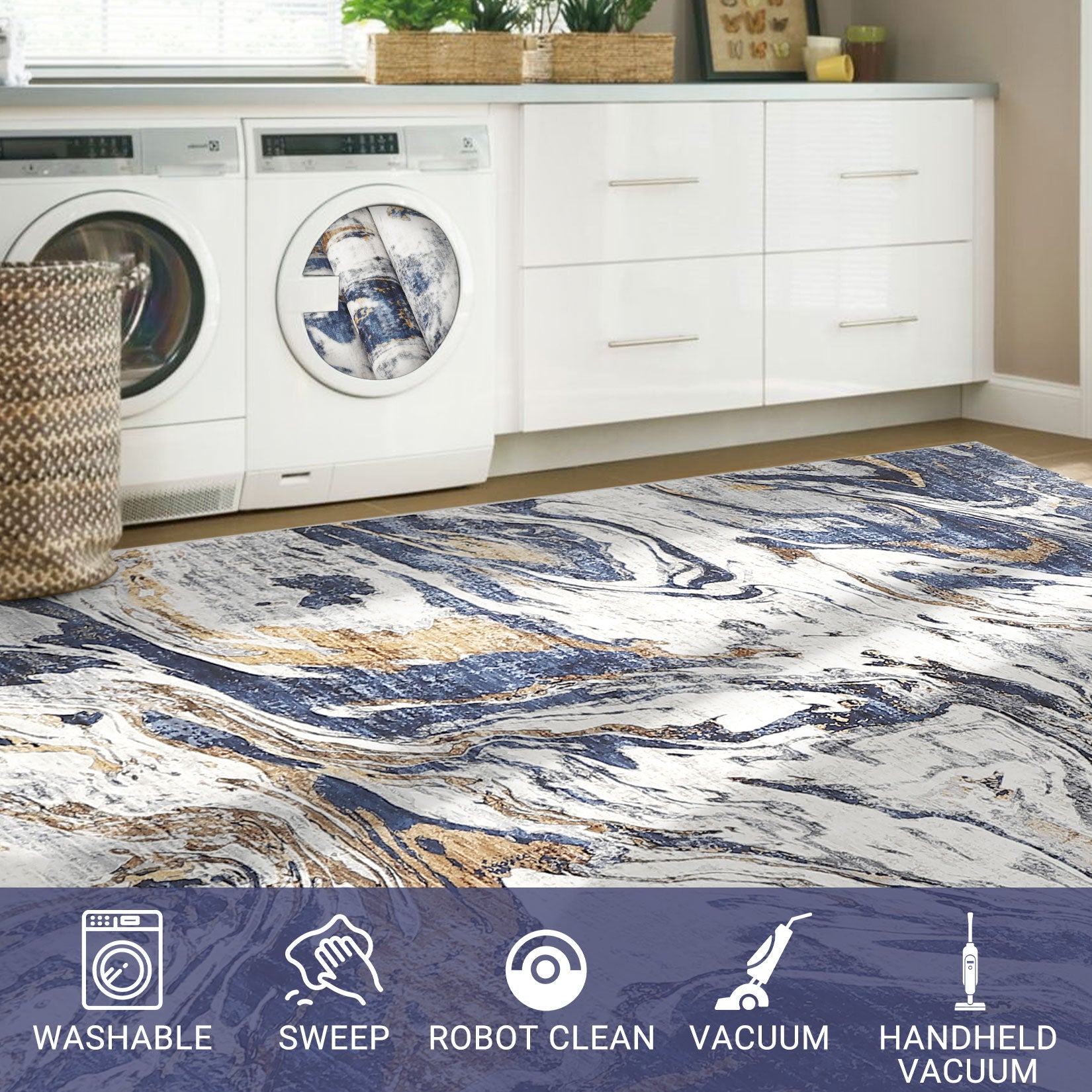 Garvee Modern Abstract Area Rug 10x13 Large Machine Washable Rug, Non Slip Faux Wool Soft Floor Carpet, Low Pile Foldable Accent Rug for High Traffic Areas in Living Room, Bedroom, Blue