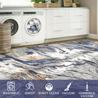 Garvee Modern Abstract Area Rug 10x13 Large Machine Washable Rug, Non Slip Faux Wool Soft Floor Carpet, Low Pile Foldable Accent Rug for High Traffic Areas in Living Room, Bedroom, Blue