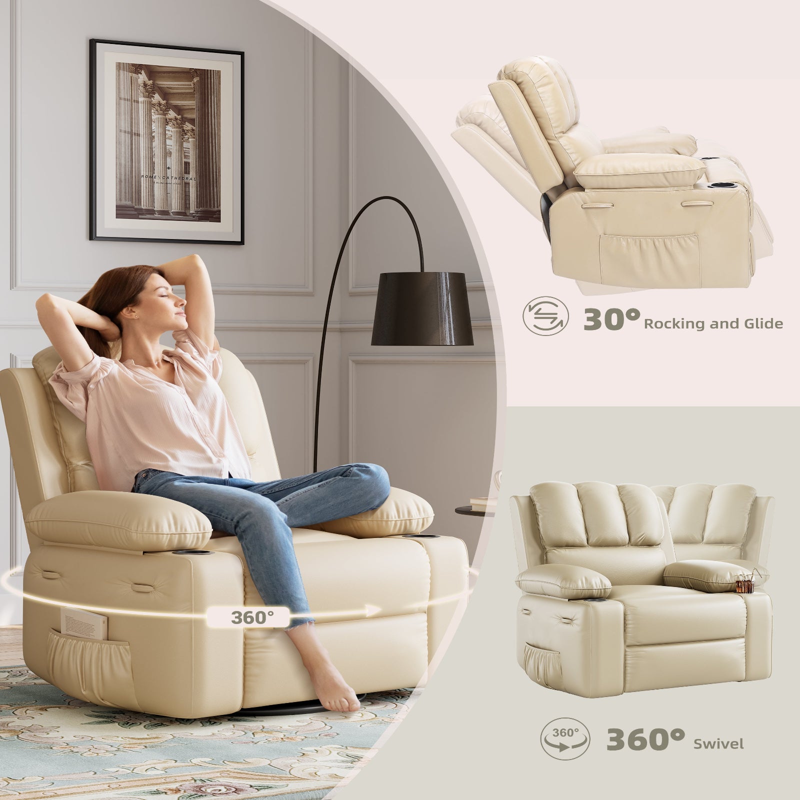 Garvee Recliner Chairs with Heat and Massage, 360° Swivel Lazy Recliner Chair for Elderly, Ergonomic Rocking Chair with Cup Holder for Living Rooms, Bedrooms and Nurseries - Beige
