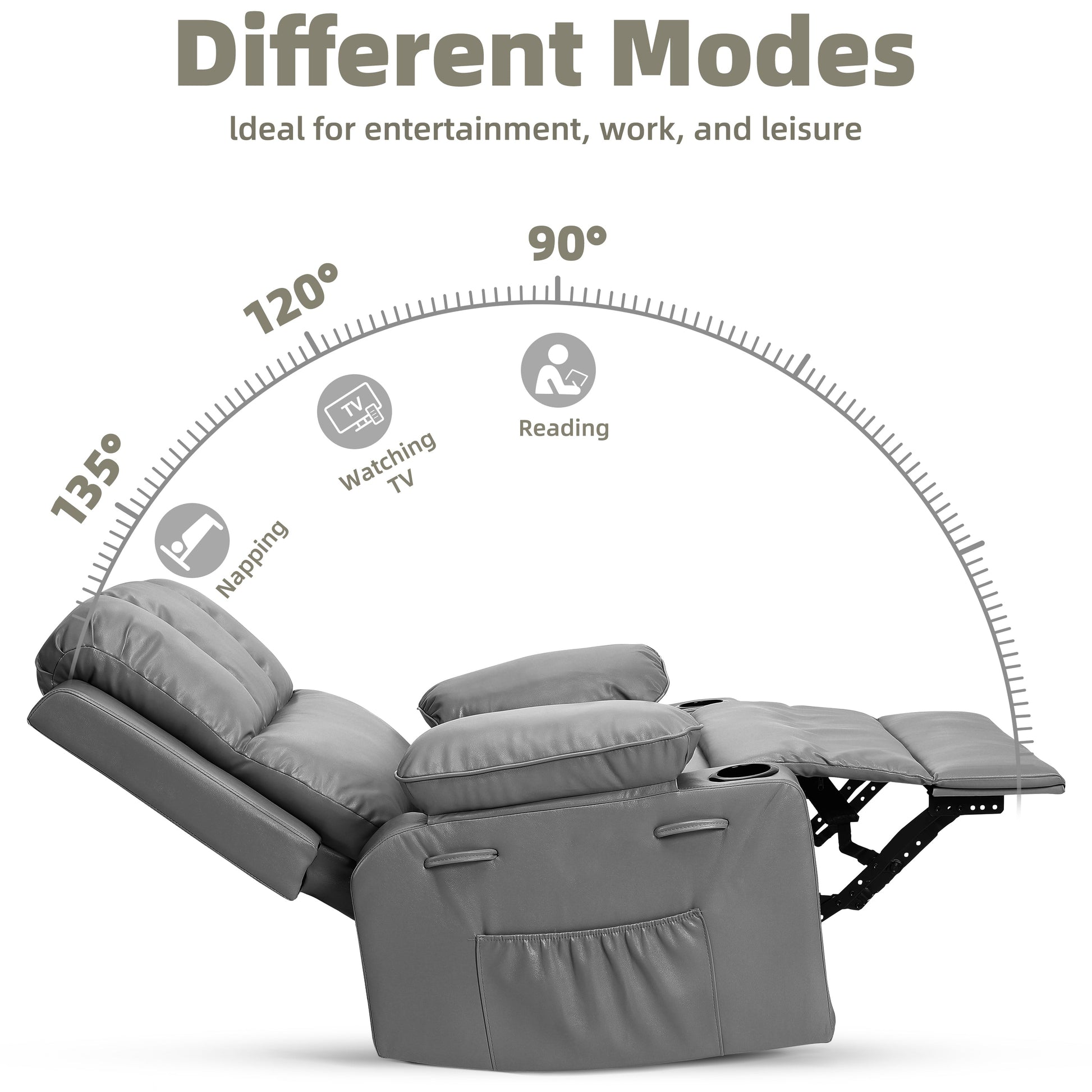 Garvee Oversized Recliner Chair with Heat and Massage, 360° Swivel, Manual Rocking, PU Leather, Cup Holder, for Living Rooms and Nurseries, Grey