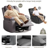 Garvee Oversized Recliner Chair with Heat and Massage, 360° Swivel, Manual Rocking, PU Leather, Cup Holder, for Living Rooms and Nurseries, Grey