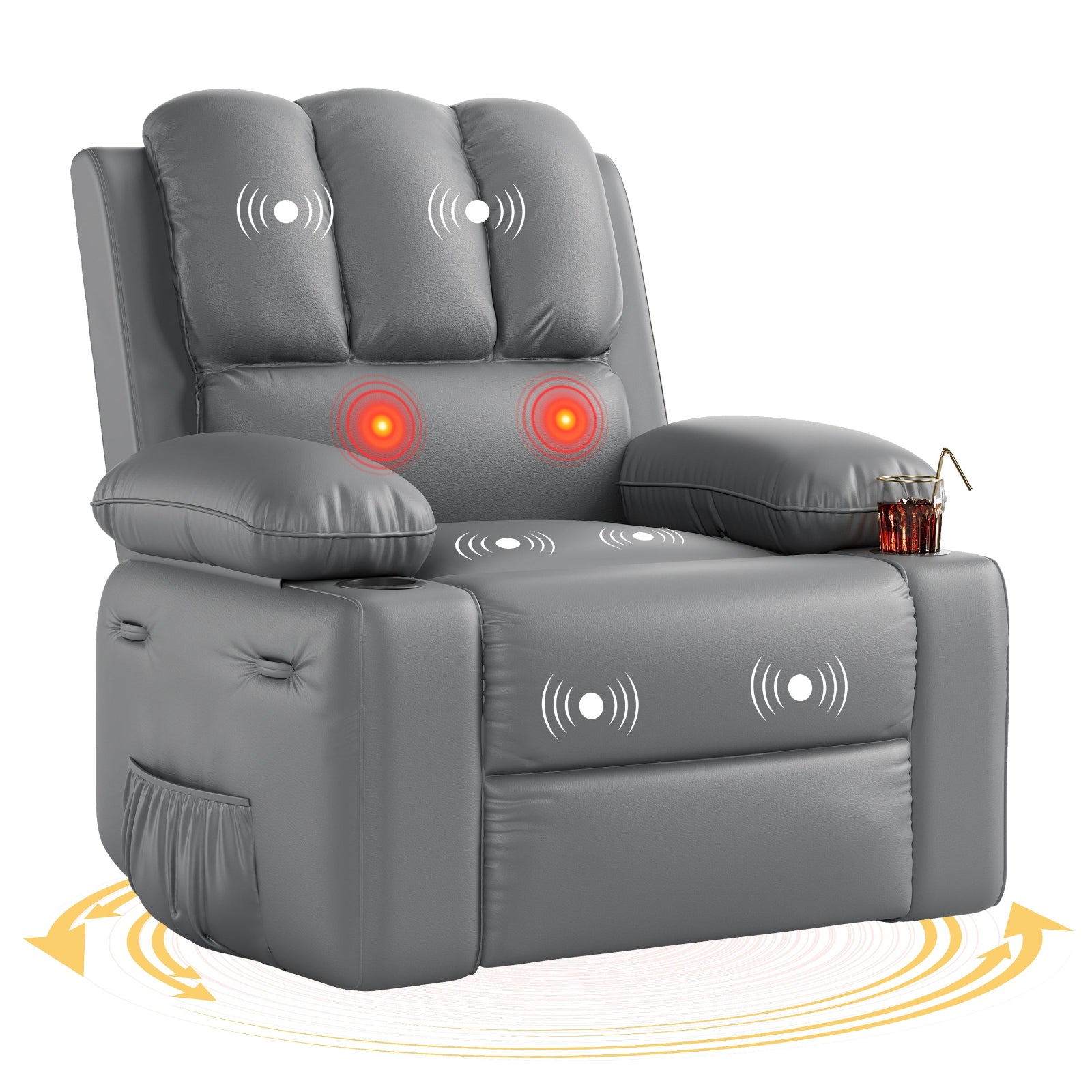 Garvee Oversized Recliner Chair with Heat and Massage, 360° Swivel, Manual Rocking, PU Leather, Cup Holder, for Living Rooms and Nurseries, Grey