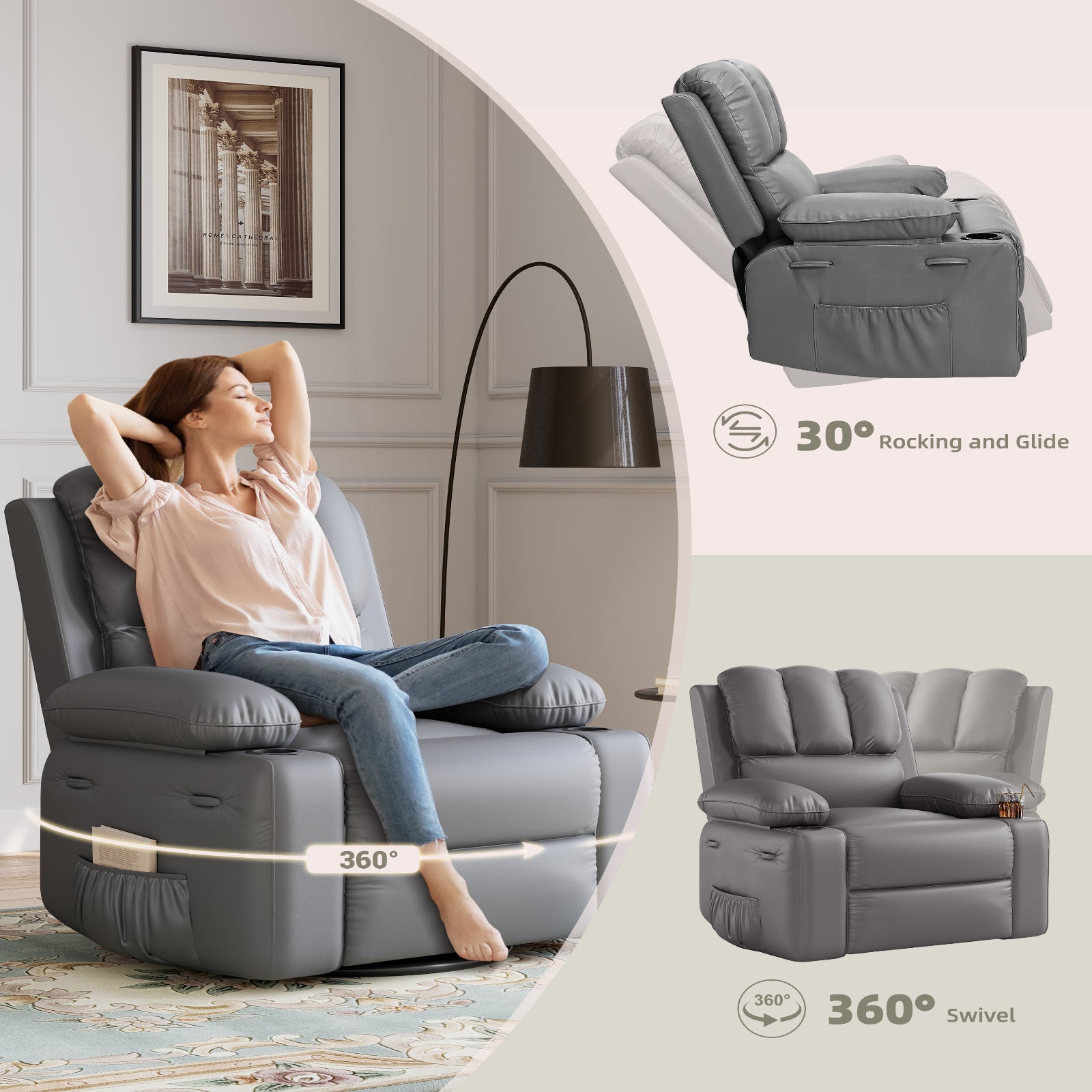 Garvee Oversized Recliner Chair with Heat and Massage, 360° Swivel, Manual Rocking, PU Leather, Cup Holder, for Living Rooms and Nurseries, Grey