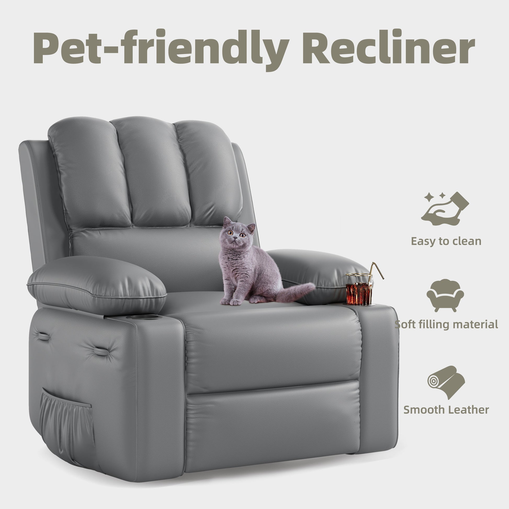 Garvee Oversized Recliner Chair with Heat and Massage, 360° Swivel, Manual Rocking, PU Leather, Cup Holder, for Living Rooms and Nurseries, Grey