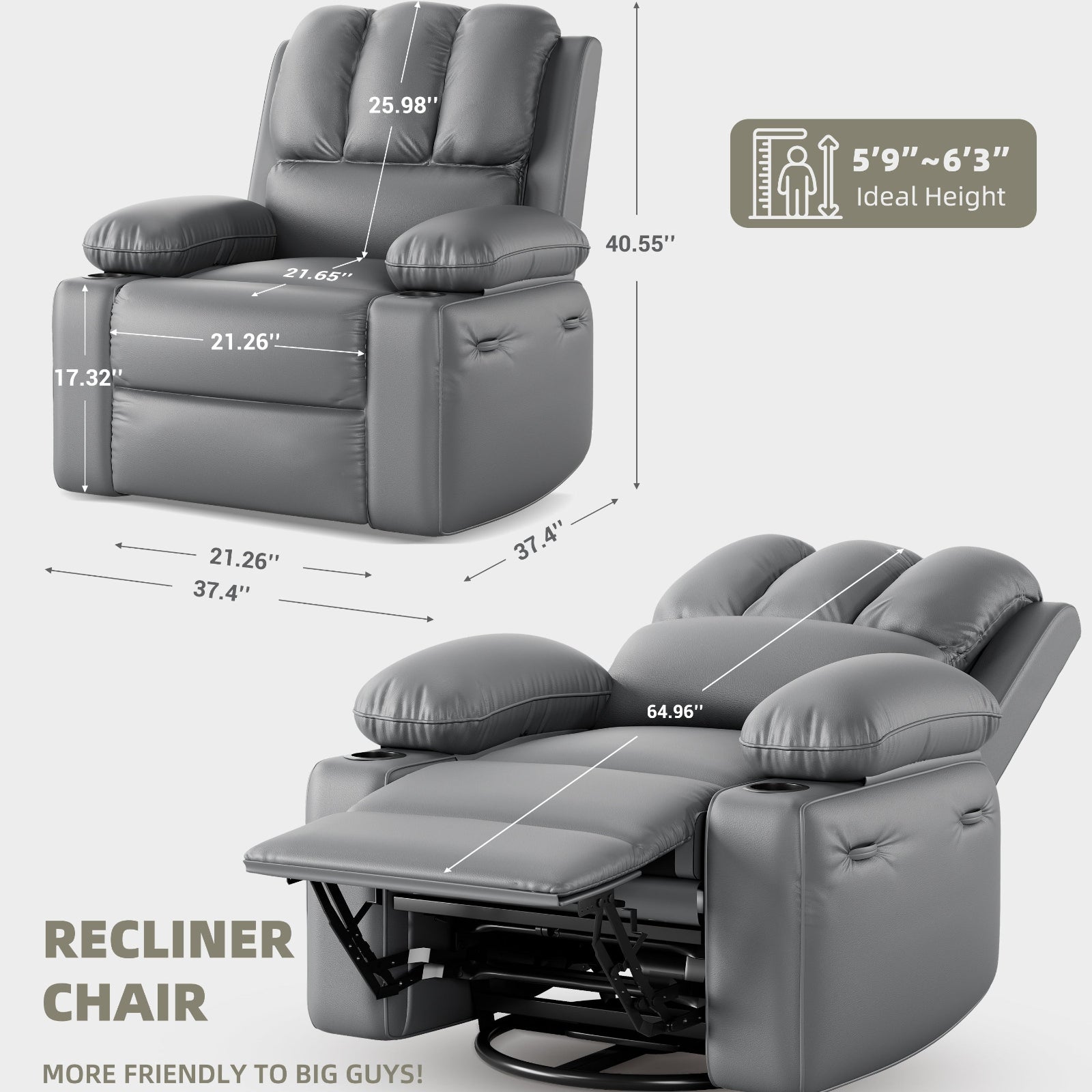 Garvee Oversized Recliner Chair with Heat and Massage, 360° Swivel, Manual Rocking, PU Leather, Cup Holder, for Living Rooms and Nurseries, Grey