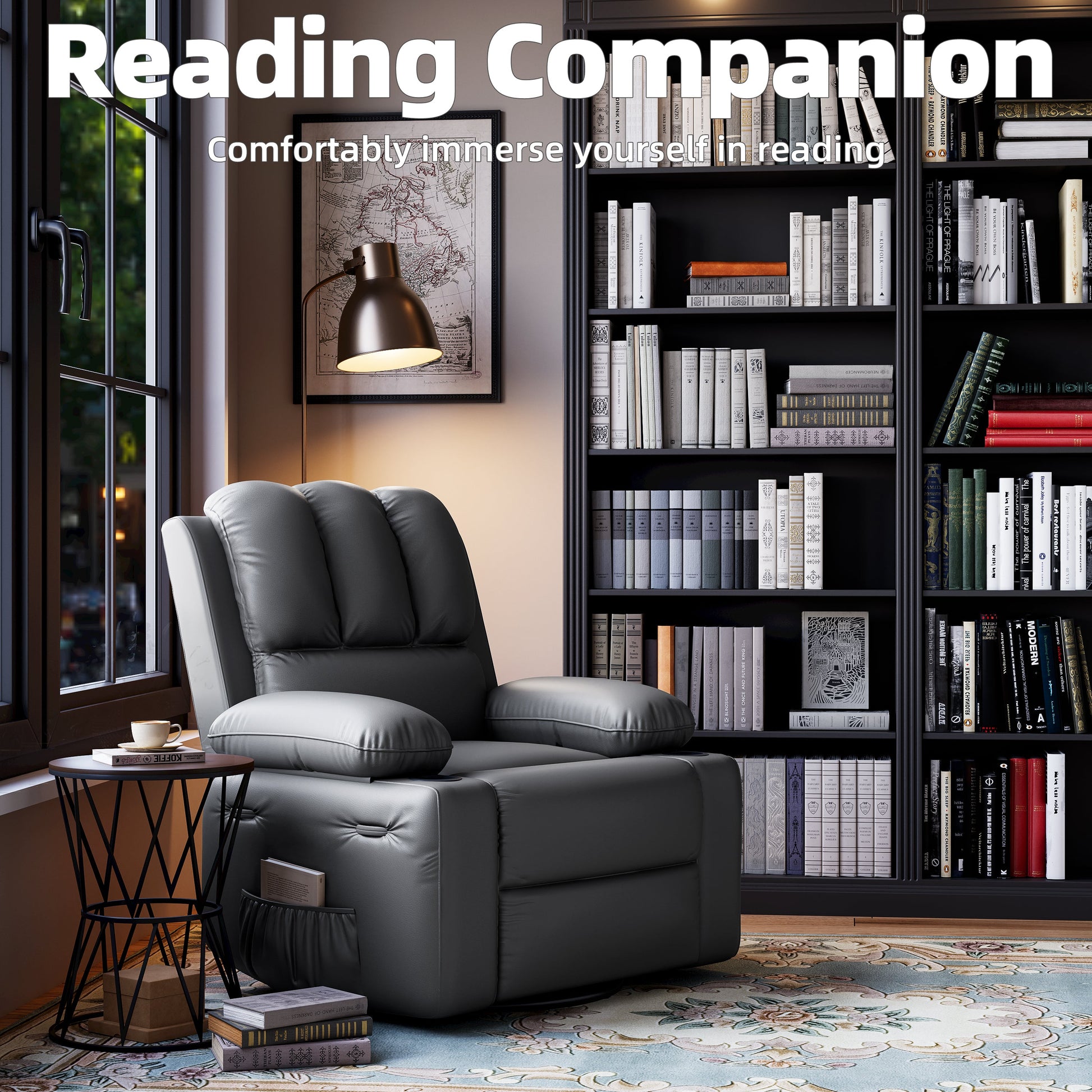 Garvee Oversized Recliner Chair with Heat and Massage, 360° Swivel, Manual Rocking, PU Leather, Cup Holder, for Living Rooms and Nurseries, Grey