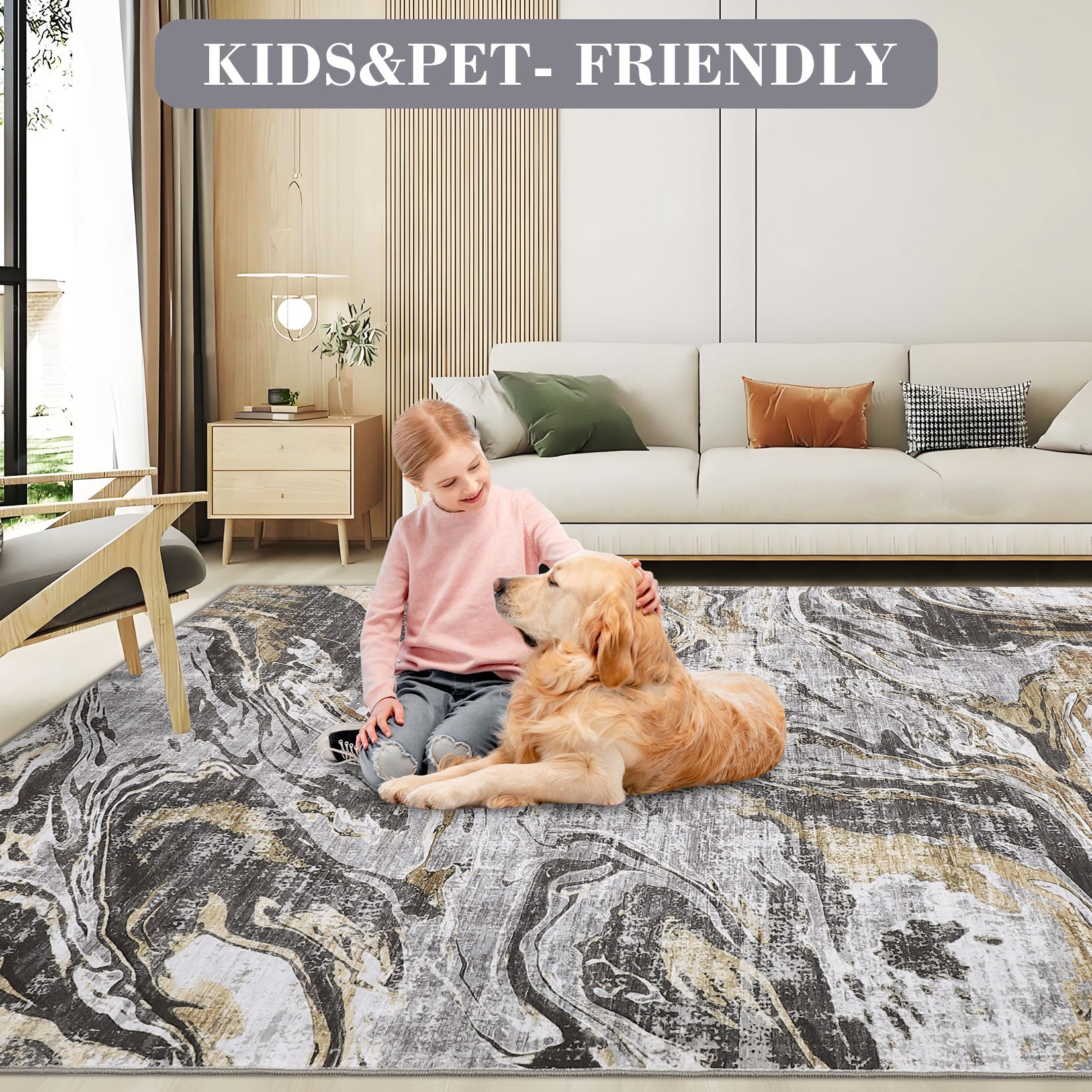 Garvee Machine Washable Area Rug 9x12 Large Living Room Rug, Non Slip Modern Abstract Floor Carpet, Low Pile Foldable Rug, Soft Rug for Bedroom, Nursery, Dining Room, Gray