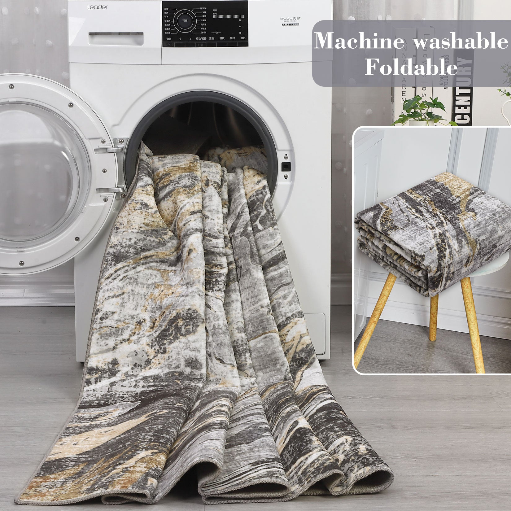 Garvee Machine Washable Area Rug 9x12 Large Living Room Rug, Non Slip Modern Abstract Floor Carpet, Low Pile Foldable Rug, Soft Rug for Bedroom, Nursery, Dining Room, Gray