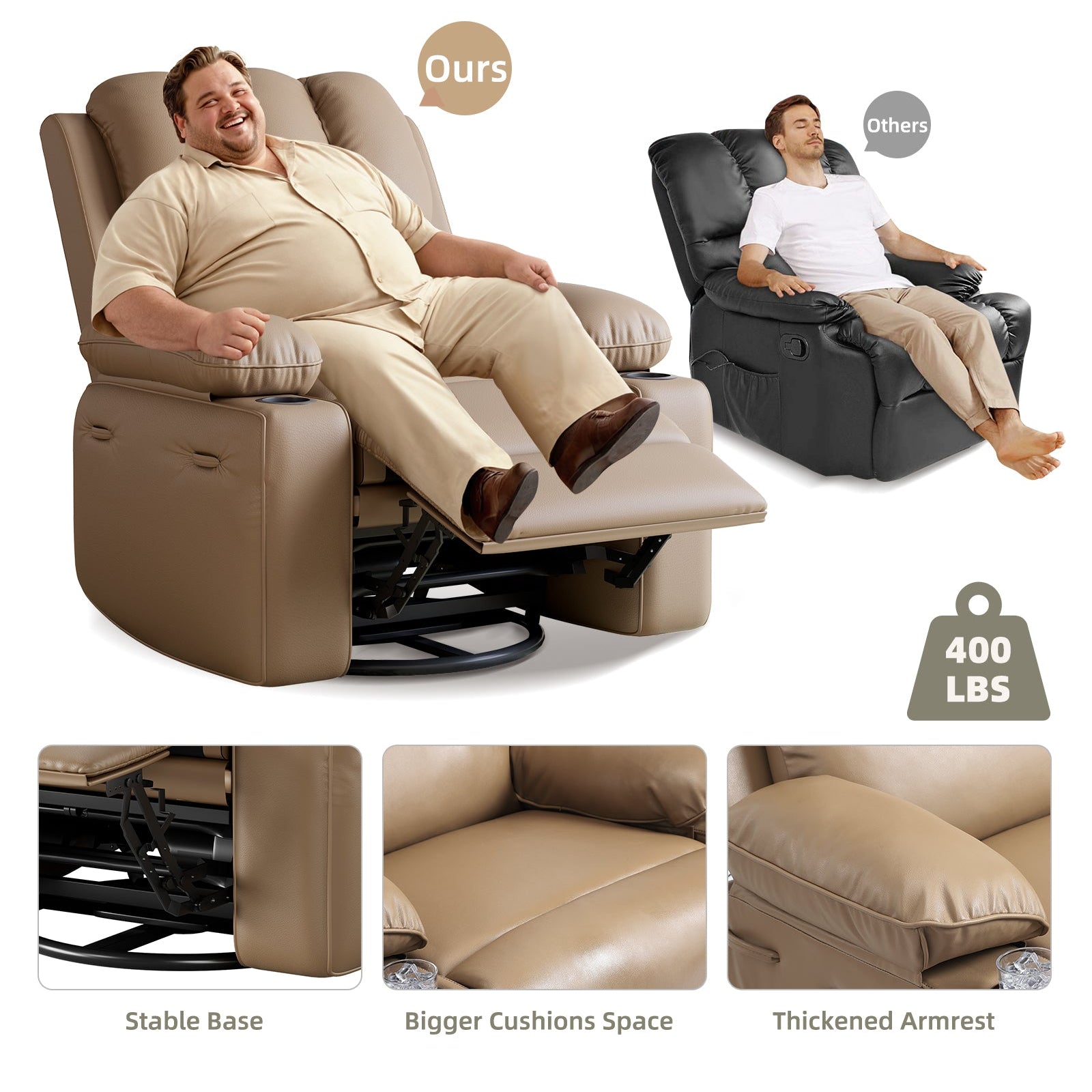 Garvee Recliner Chairs with Heat and Massage, 360° Swivel Lazy Recliner Chair for Elderly, Ergonomic Rocking Chair with Cup Holder for Living Rooms, Bedrooms and Nurseries - Tan